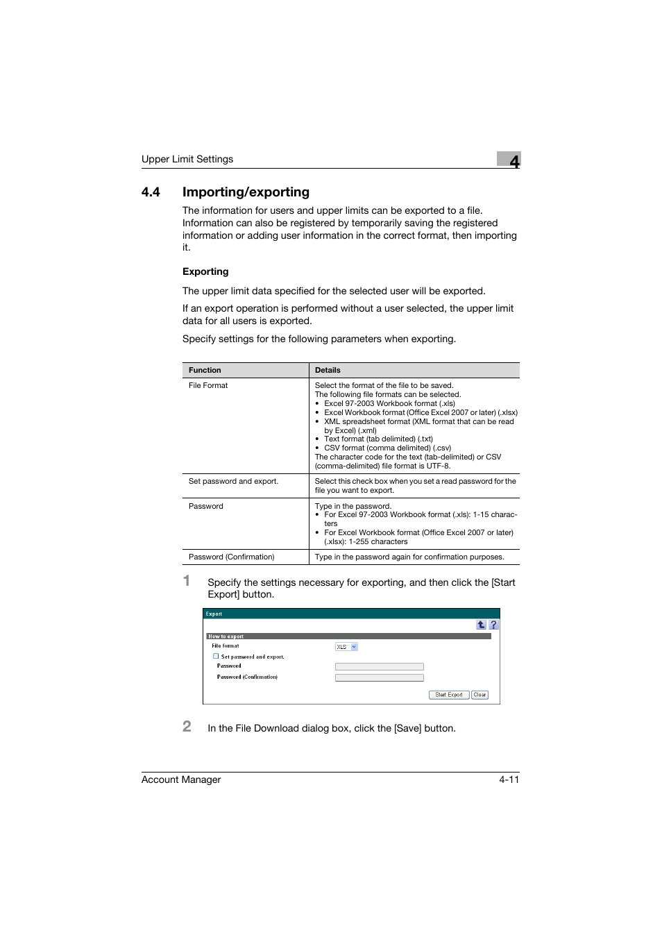 4 importing/exporting, Exporting, Importing/exporting -11 | Exporting -11 | Konica Minolta PageScope Enterprise Suite User Manual | Page 19 / 39