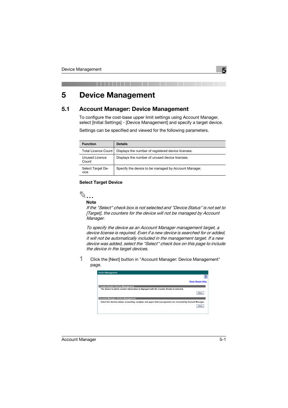 5 device management, 1 account manager: device management, Select target device | Device management, Account manager: device management -1, Select target device -1, 5device management | Konica Minolta PageScope Enterprise Suite User Manual | Page 25 / 39