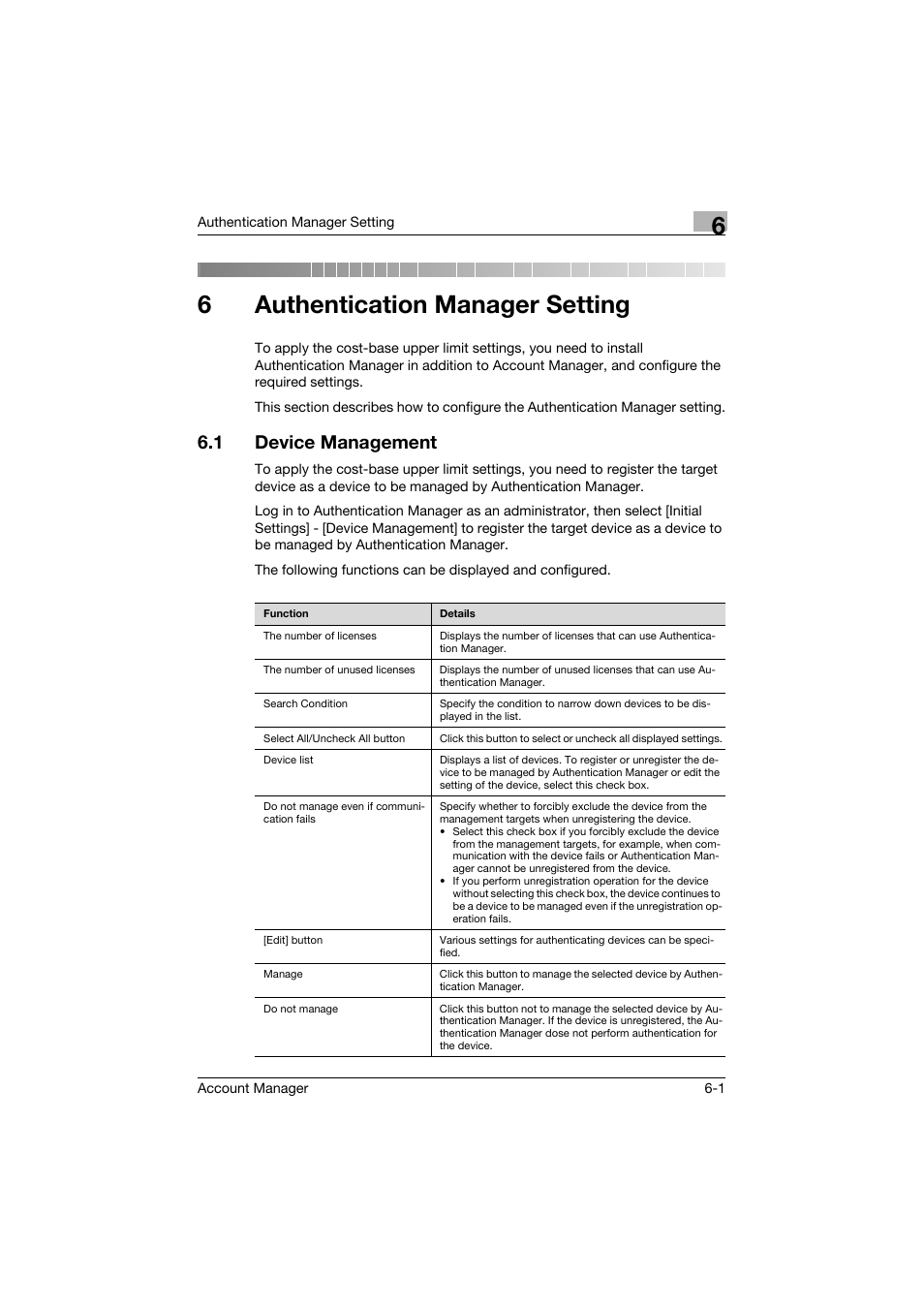 6 authentication manager setting, 1 device management, Authentication manager setting | Device management -1, 6authentication manager setting | Konica Minolta PageScope Enterprise Suite User Manual | Page 30 / 39