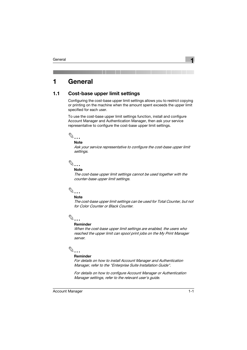1 general, 1 cost-base upper limit settings, General | Cost-base upper limit settings -1, 1general | Konica Minolta PageScope Enterprise Suite User Manual | Page 6 / 39