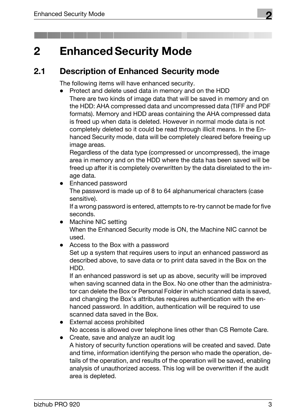 2 enhanced security mode, 1 description of enhanced security mode, Enhanced security mode | Description of enhanced security mode, 2enhanced, Security mode | Konica Minolta bizhub PRO 920 User Manual | Page 11 / 76
