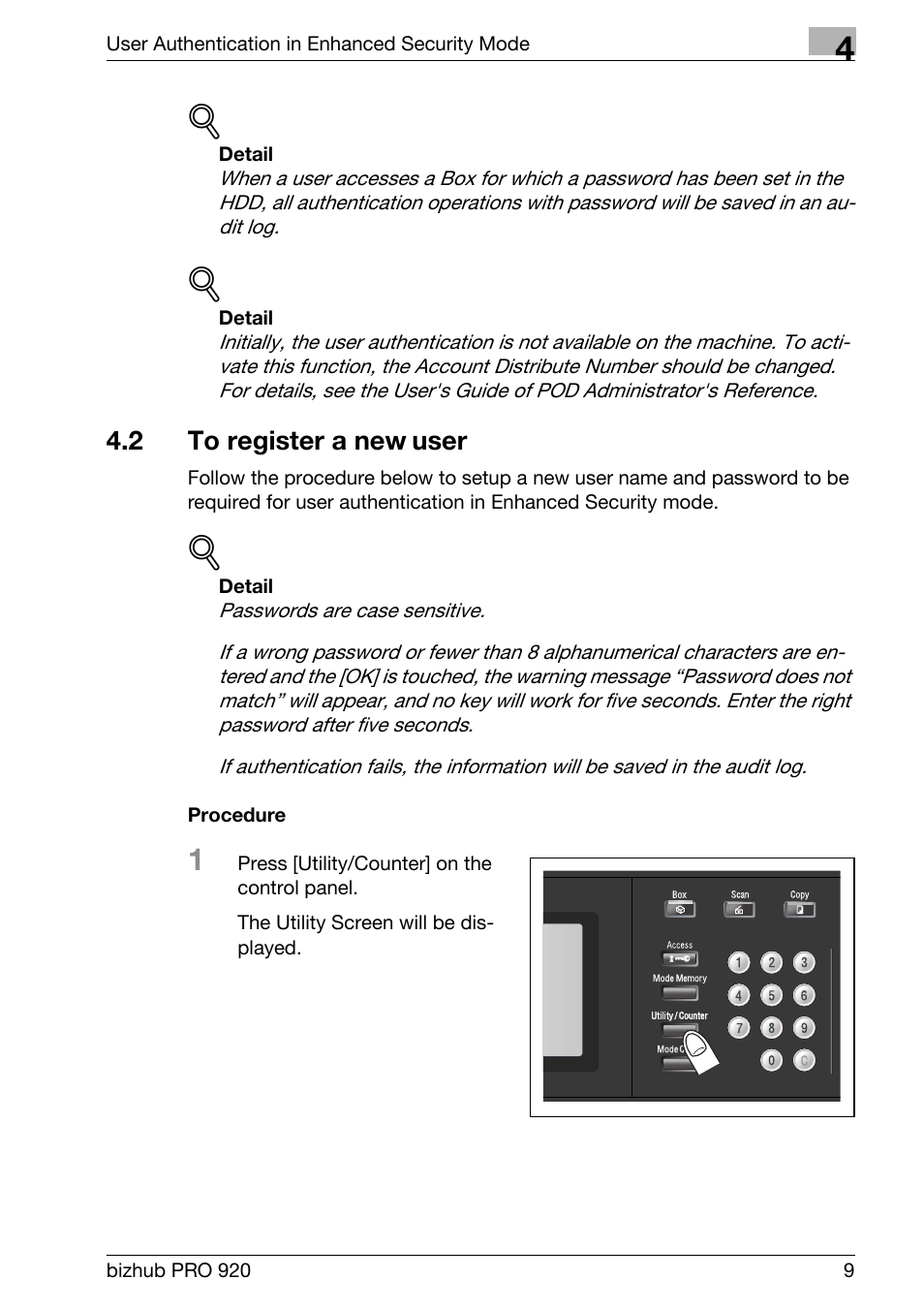 2 to register a new user, To register a new user | Konica Minolta bizhub PRO 920 User Manual | Page 17 / 76