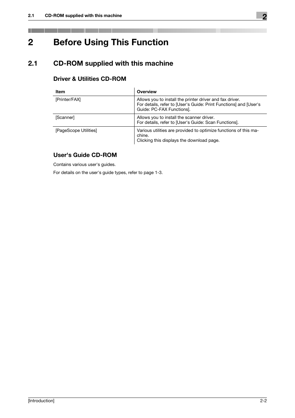 2 before using this function, 1 cd-rom supplied with this machine, Driver & utilities cd-rom | User's guide cd-rom, Before using this function, 2before using this function | Konica Minolta bizhub C3350 User Manual | Page 17 / 91