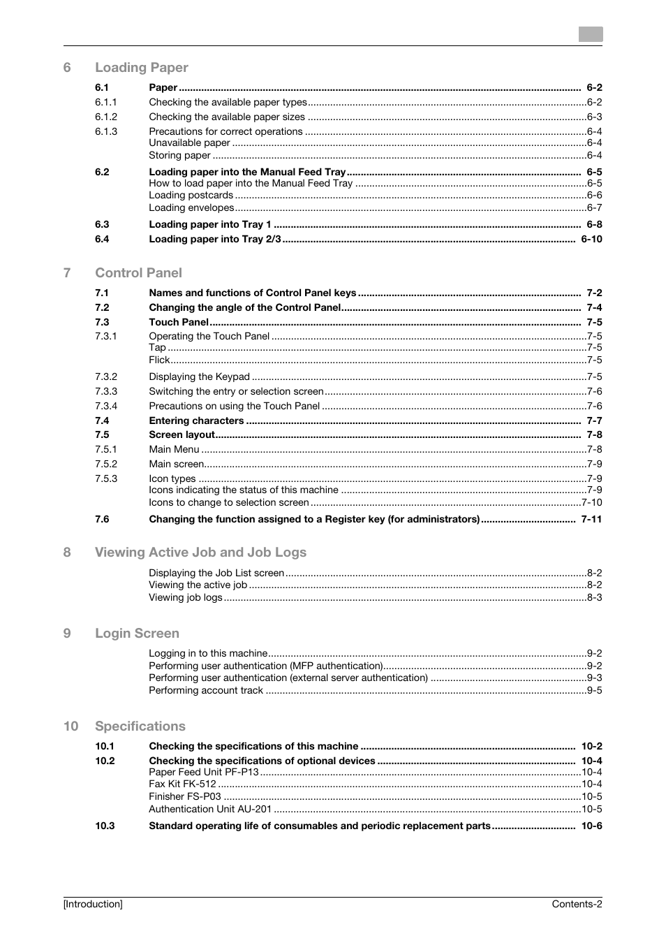 6loading paper, 7control panel, 8viewing active job and job logs | 9login screen, 10 specifications | Konica Minolta bizhub C3350 User Manual | Page 3 / 91