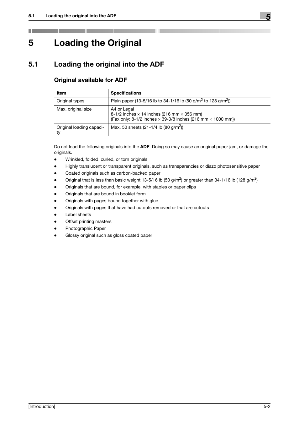 5 loading the original, 1 loading the original into the adf, Original available for adf | Loading the original, 5loading the original | Konica Minolta bizhub C3350 User Manual | Page 34 / 91