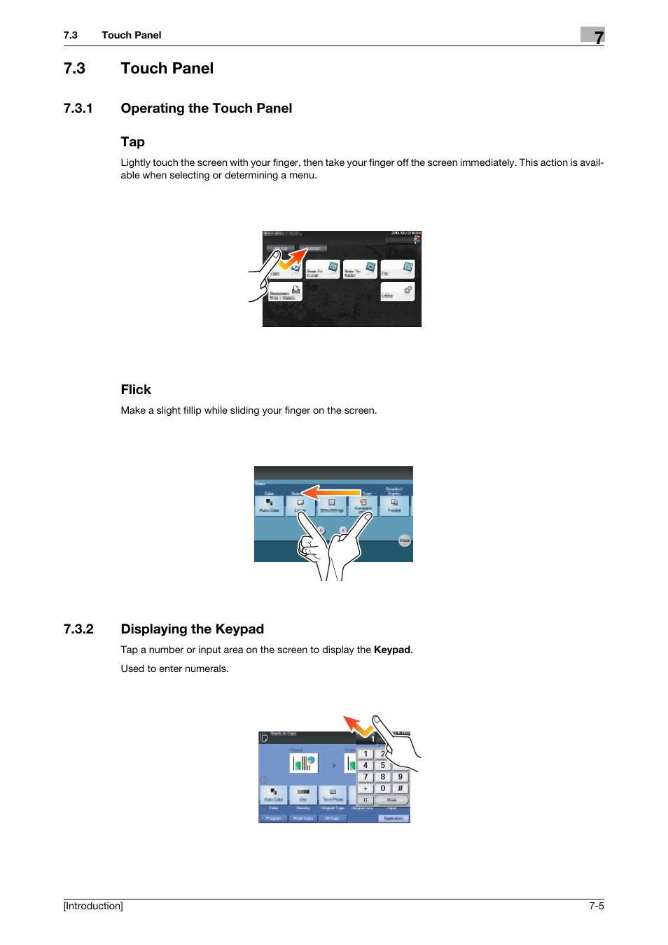 3 touch panel, 1 operating the touch panel, Flick | 2 displaying the keypad, Touch panel -5, Operating the touch panel -5 tap -5 flick -5, Displaying the keypad -5 | Konica Minolta bizhub C3350 User Manual | Page 52 / 91