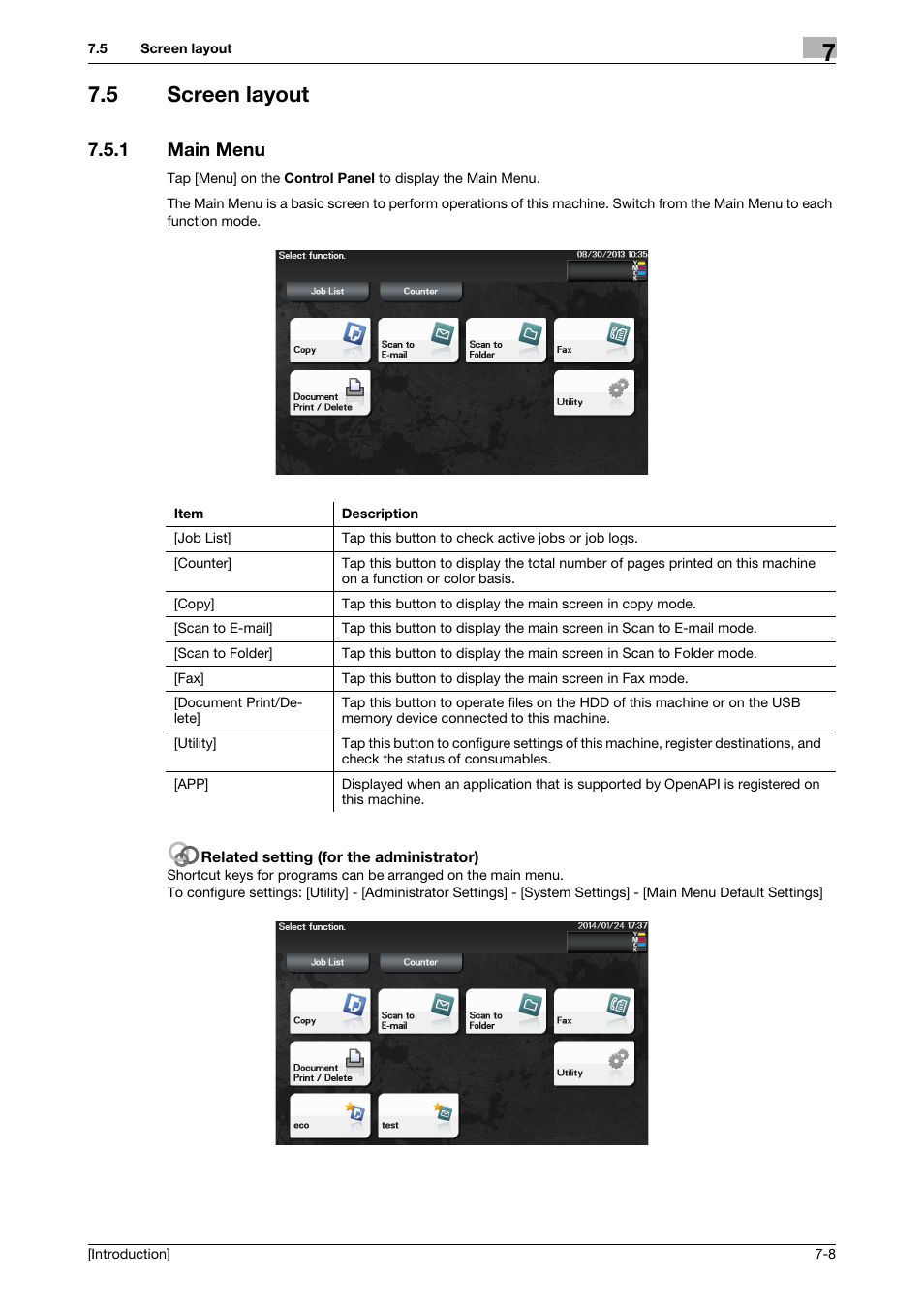 5 screen layout, 1 main menu, Screen layout -8 | Main menu -8 | Konica Minolta bizhub C3350 User Manual | Page 55 / 91