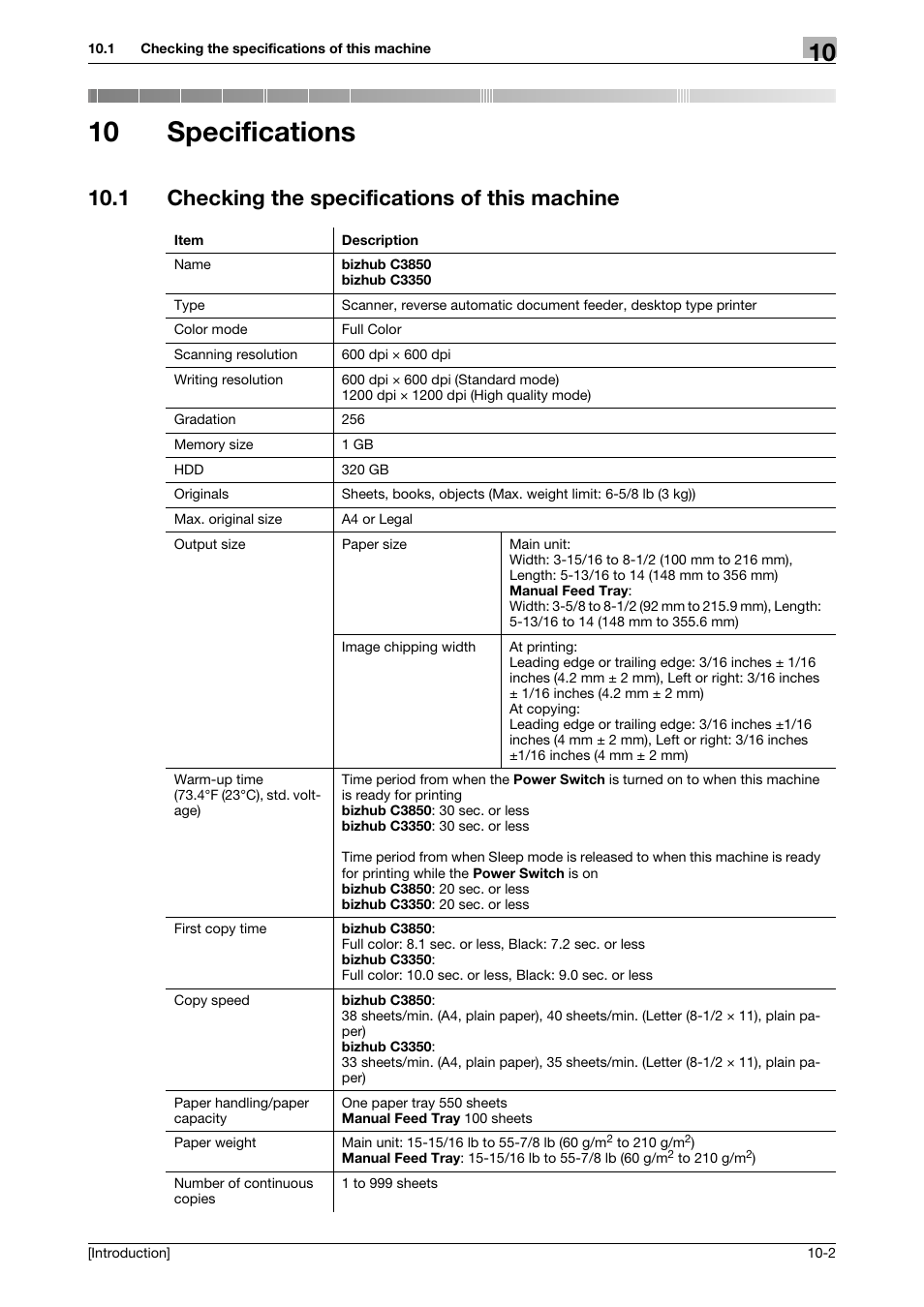 10 specifications, 1 checking the specifications of this machine, Specifications | Checking the specifications of this machine -2 | Konica Minolta bizhub C3350 User Manual | Page 68 / 91