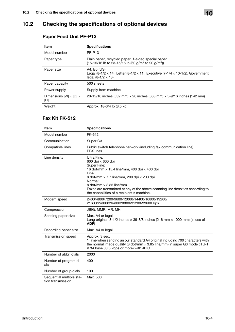 2 checking the specifications of optional devices, Paper feed unit pf-p13, Fax kit fk-512 | Konica Minolta bizhub C3350 User Manual | Page 70 / 91