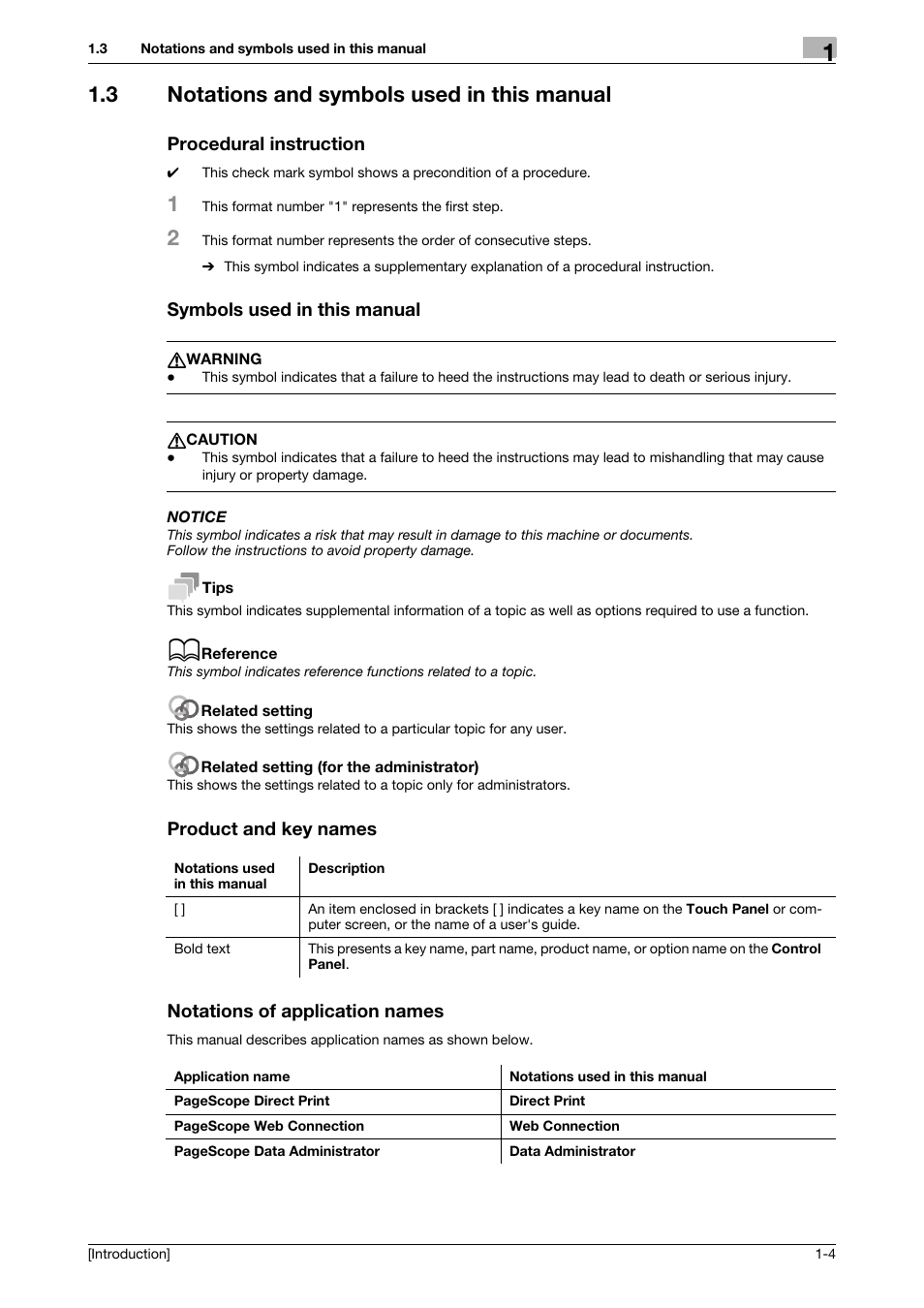 3 notations and symbols used in this manual, Procedural instruction, Symbols used in this manual | Product and key names, Notations of application names | Konica Minolta bizhub C3350 User Manual | Page 8 / 91