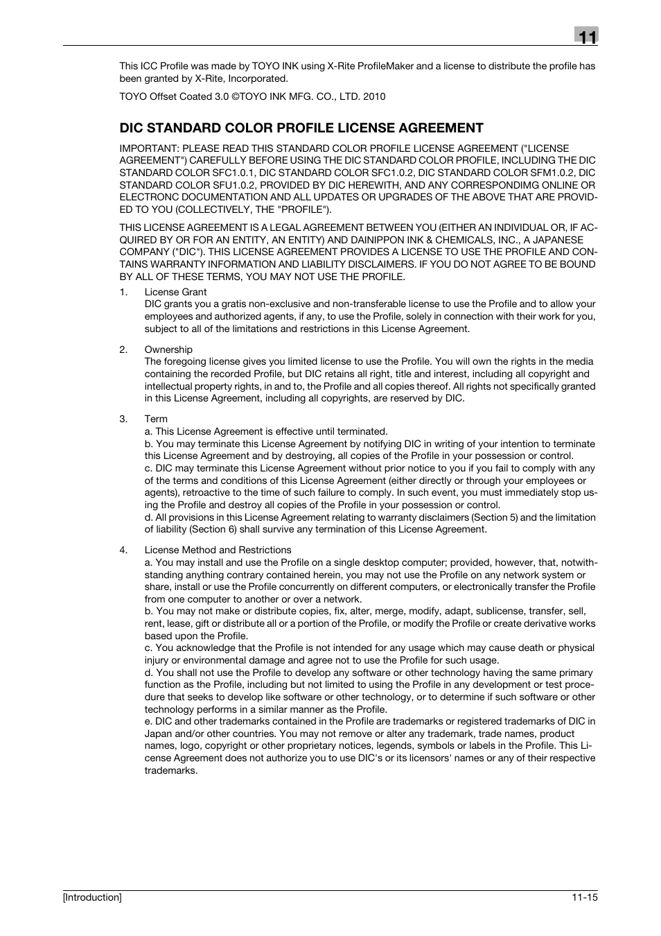 Dic standard color profile license agreement, Dic standard color profile license agreement -15 | Konica Minolta bizhub C3350 User Manual | Page 87 / 91