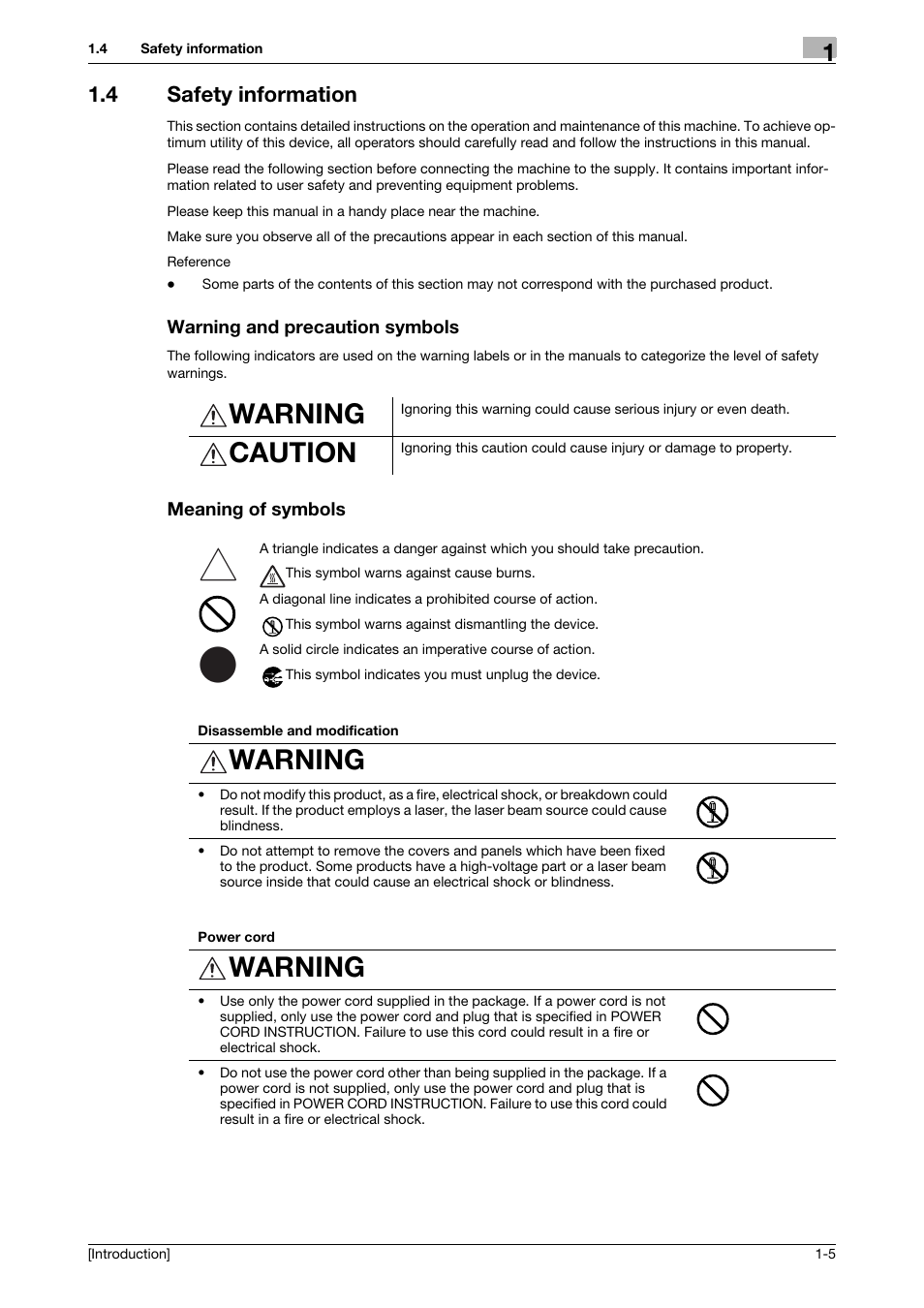 4 safety information, Warning and precaution symbols, Meaning of symbols | Warning, Caution | Konica Minolta bizhub C3350 User Manual | Page 9 / 91