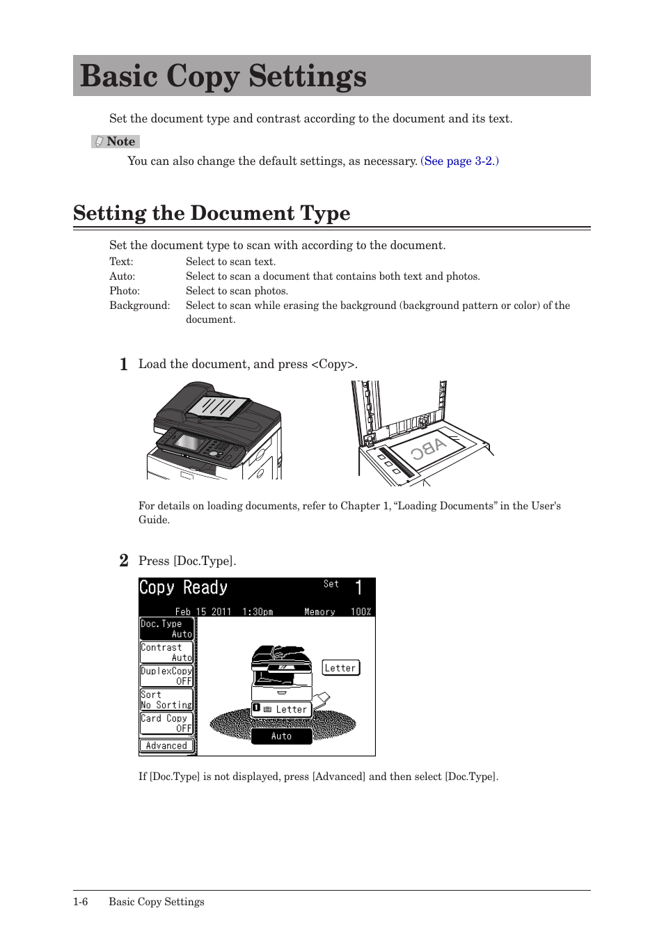 Basic copy settings, Setting the document type, Basic copy settings -6 | Setting the document type -6, And contrast | Konica Minolta bizhub 25 User Manual | Page 11 / 45