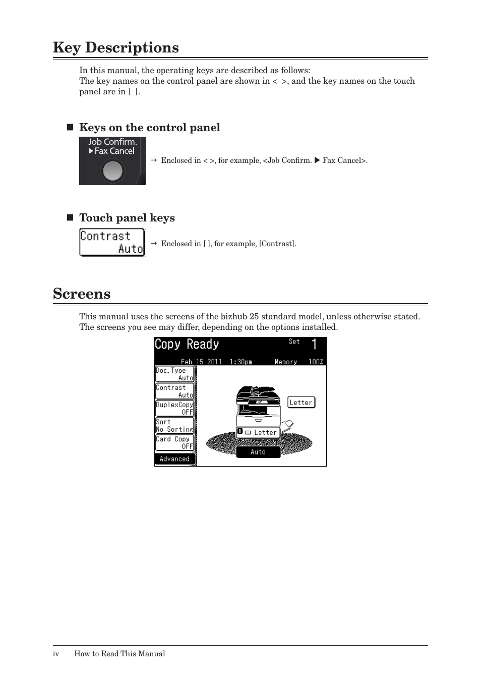 Key descriptions, Screens | Konica Minolta bizhub 25 User Manual | Page 5 / 45