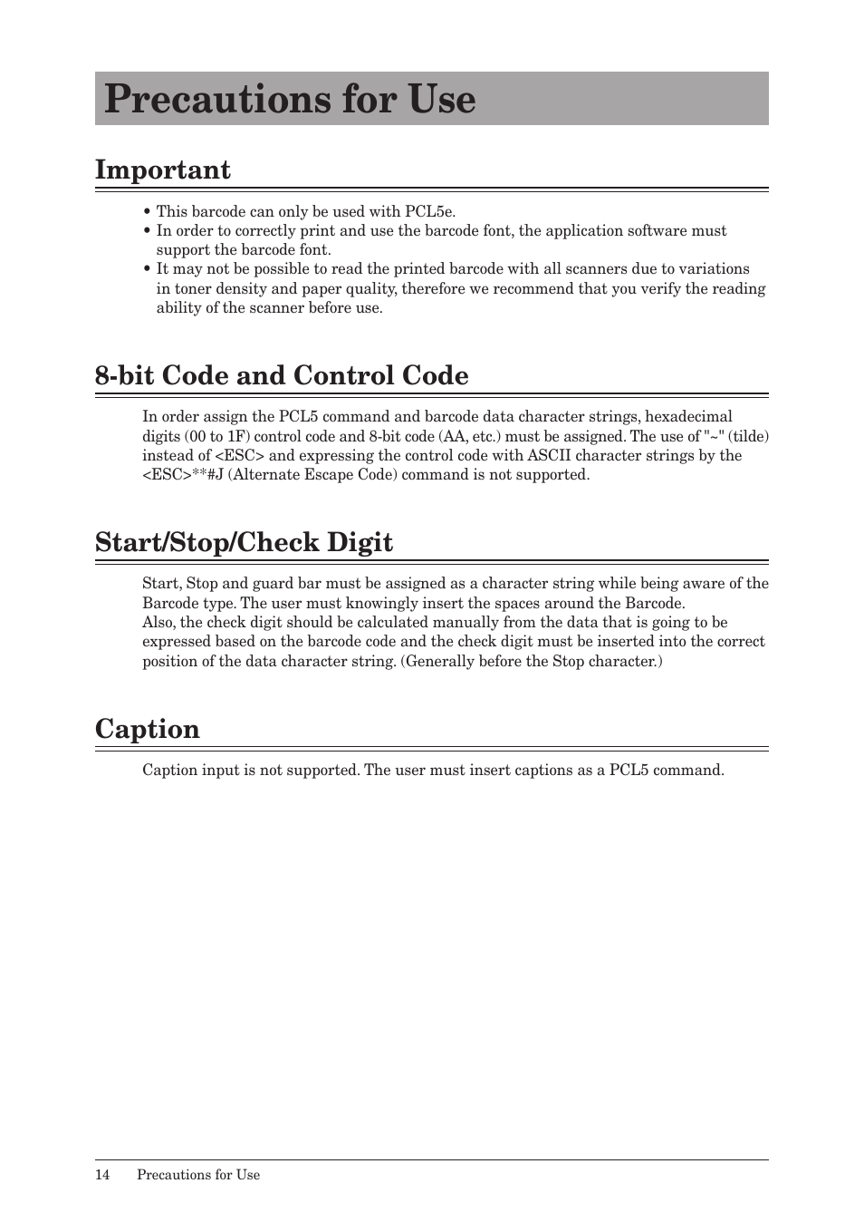 Precautions for use, Important, Bit code and control code | Start/stop/check digit, Caption | Konica Minolta bizhub 25 User Manual | Page 14 / 14