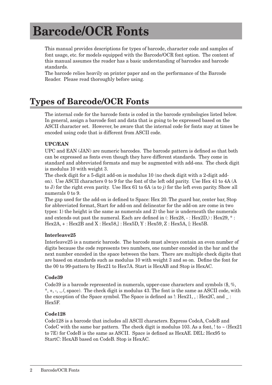 Barcode/ocr fonts, Types of barcode/ocr fonts | Konica Minolta bizhub 25 User Manual | Page 2 / 14