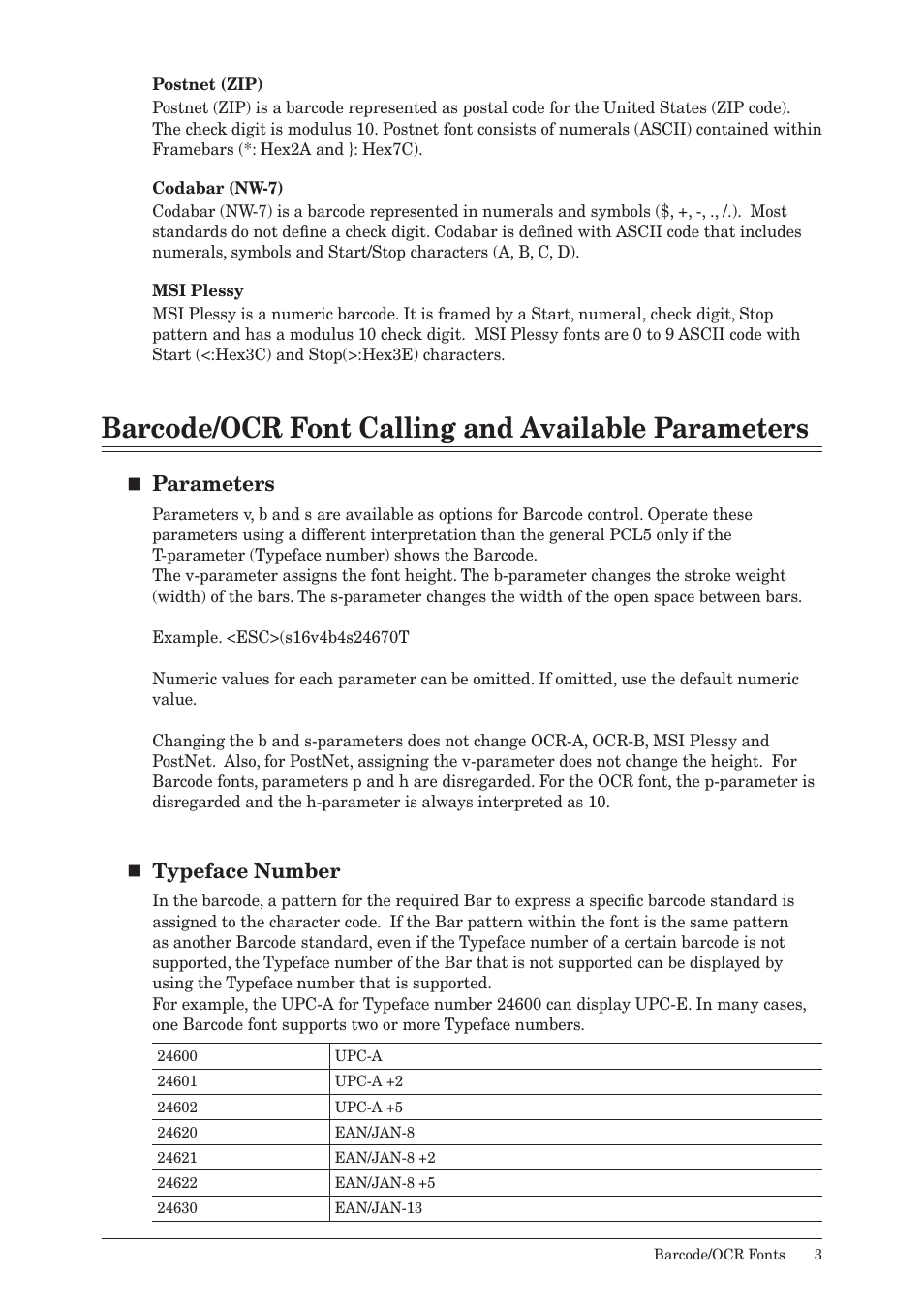 Barcode/ocr font calling and available parameters, Parameters, Typeface number | Konica Minolta bizhub 25 User Manual | Page 3 / 14