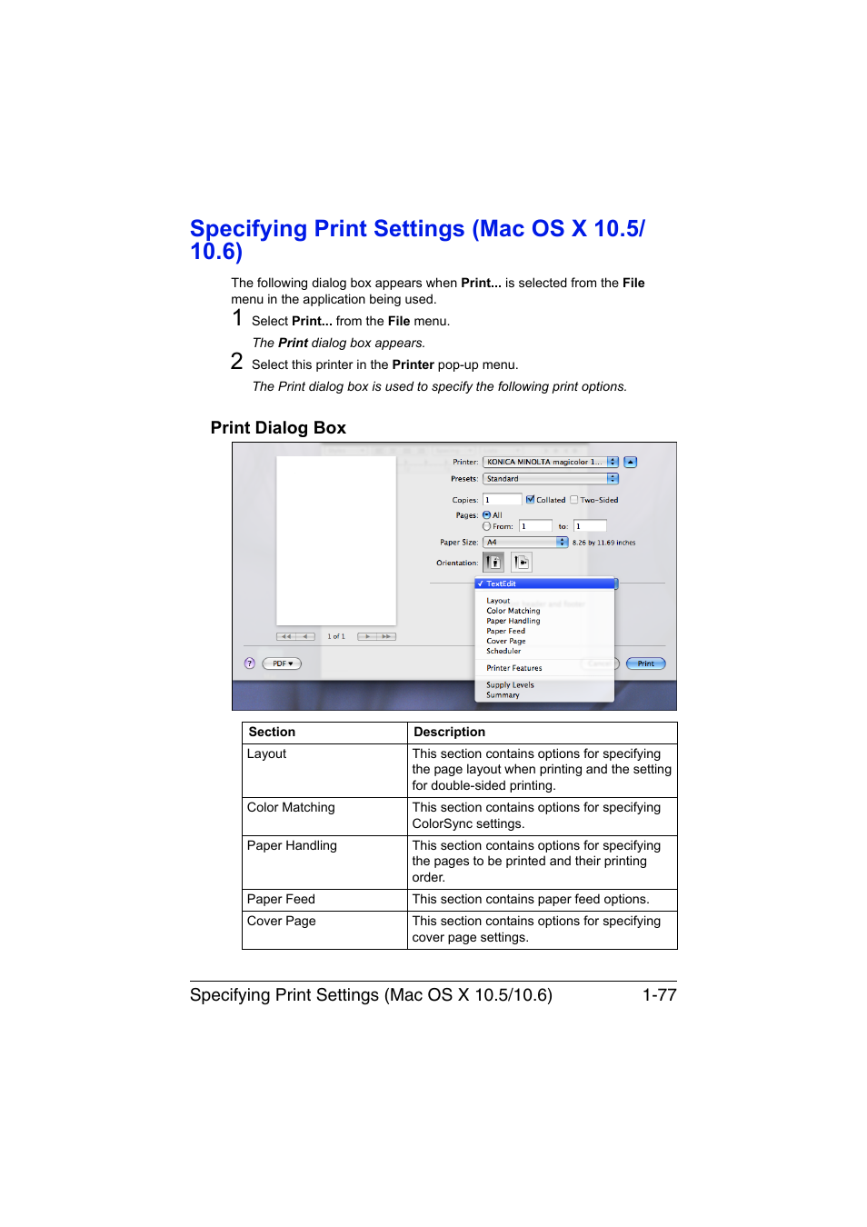 Specifying print settings (mac os x 10.5/ 10.6), Print dialog box, Specifying print settings (mac os x 10.5/10.6) -77 | Print dialog box -77 | Konica Minolta magicolor 1690MF User Manual | Page 100 / 325