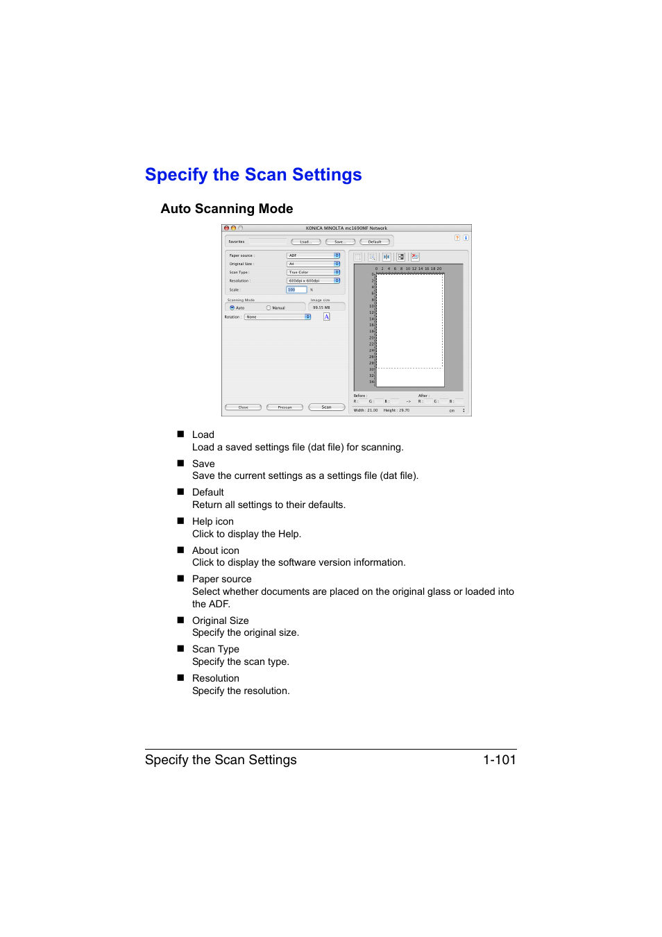 Specify the scan settings, Auto scanning mode, Specify the scan settings -101 | Auto scanning mode -101 | Konica Minolta magicolor 1690MF User Manual | Page 124 / 325