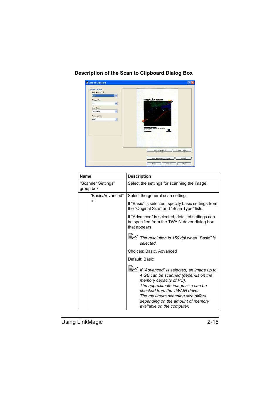 Description of the scan to clipboard dialog box | Konica Minolta magicolor 1690MF User Manual | Page 146 / 325