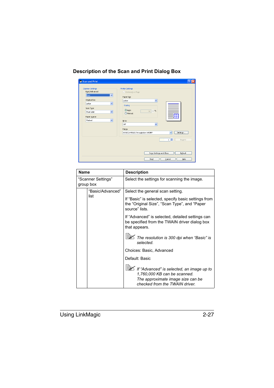 Description of the scan and print dialog box, Description of the scan and print dialog box -27 | Konica Minolta magicolor 1690MF User Manual | Page 158 / 325