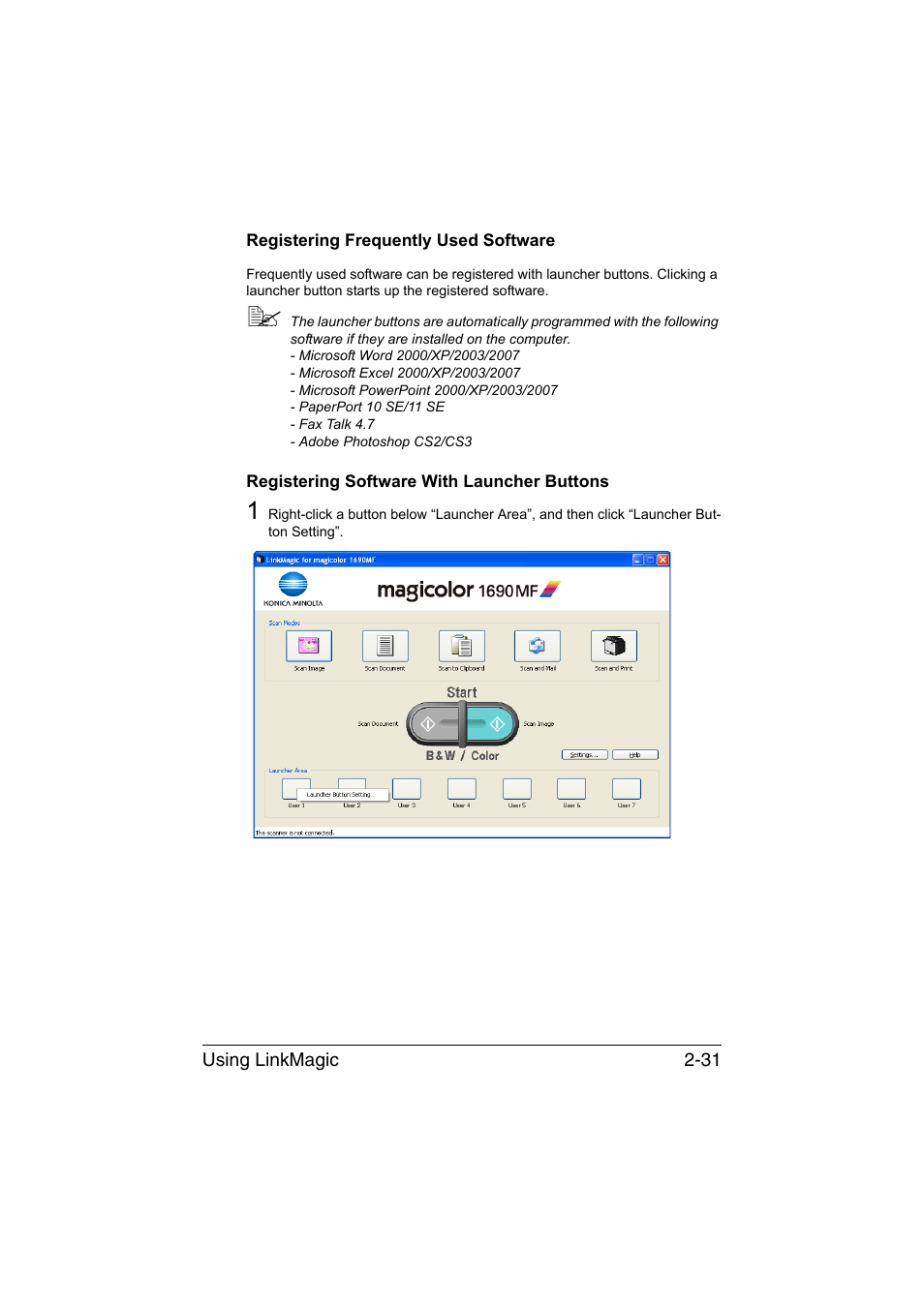 Registering frequently used software, Registering software with launcher buttons | Konica Minolta magicolor 1690MF User Manual | Page 162 / 325