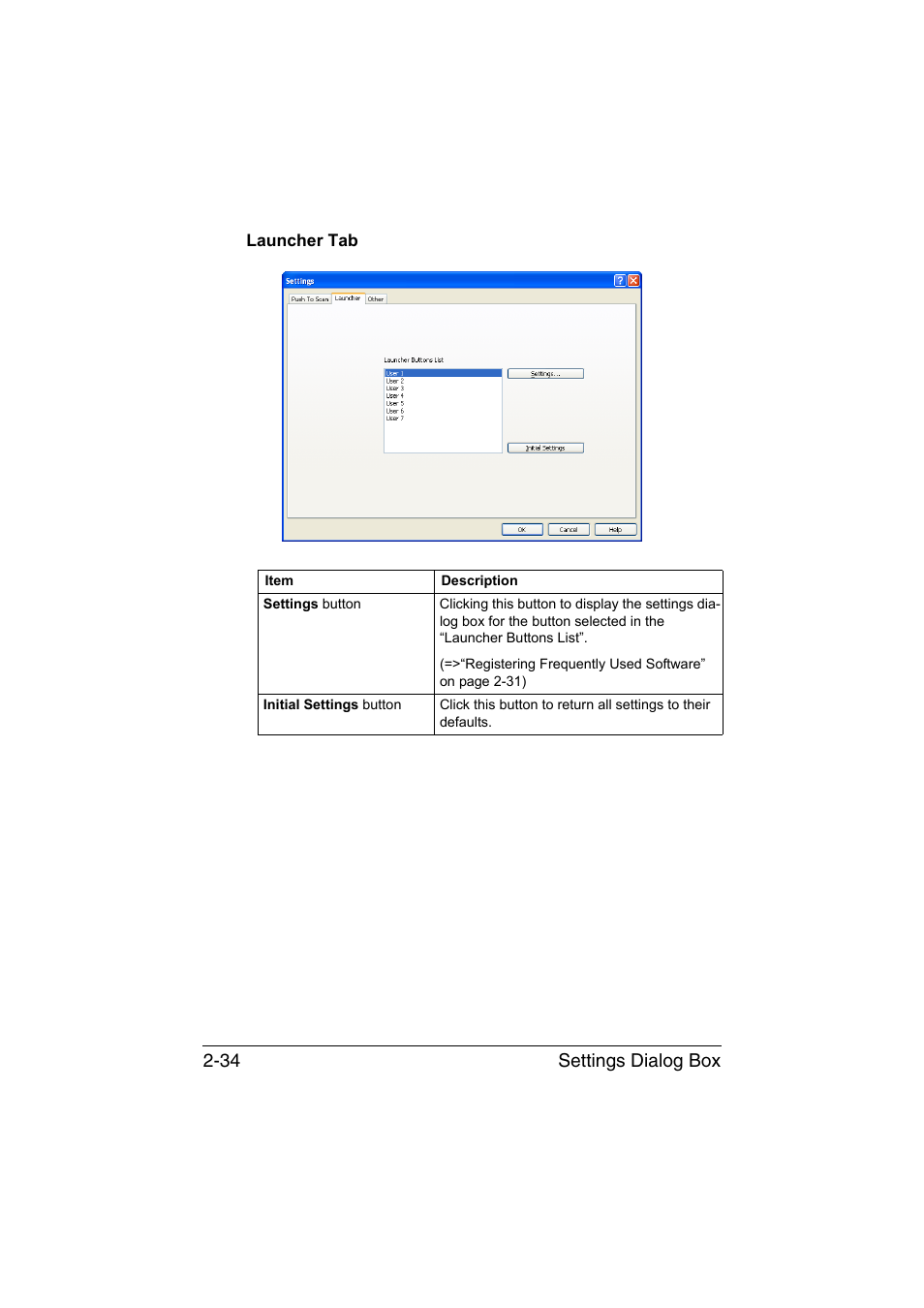 Launcher tab, Launcher tab -34, Settings dialog box 2-34 | Konica Minolta magicolor 1690MF User Manual | Page 165 / 325