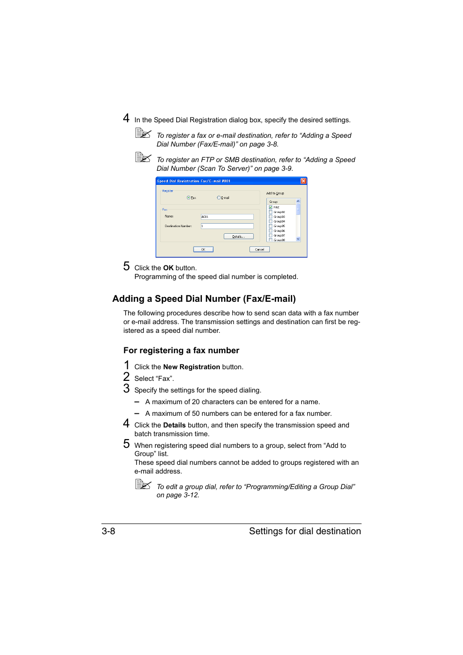 Adding a speed dial number (fax/e-mail), For registering a fax number, Adding a speed dial number (fax/e-mail) -8 | For registering a fax number -8 | Konica Minolta magicolor 1690MF User Manual | Page 177 / 325