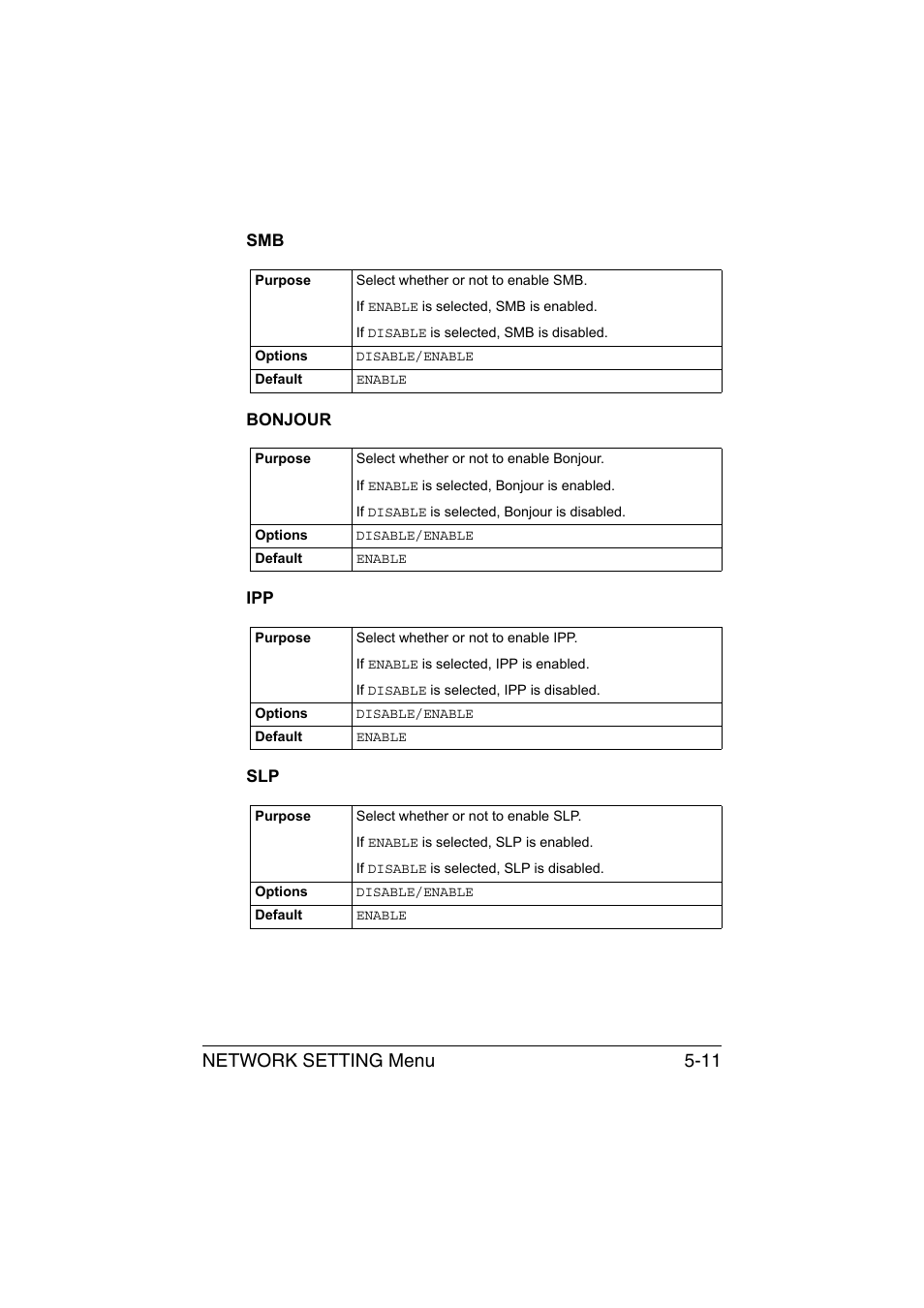 Bonjour, Smb -11 bonjour -11 ipp -11 slp -11, Network setting menu 5-11 | Konica Minolta magicolor 1690MF User Manual | Page 202 / 325