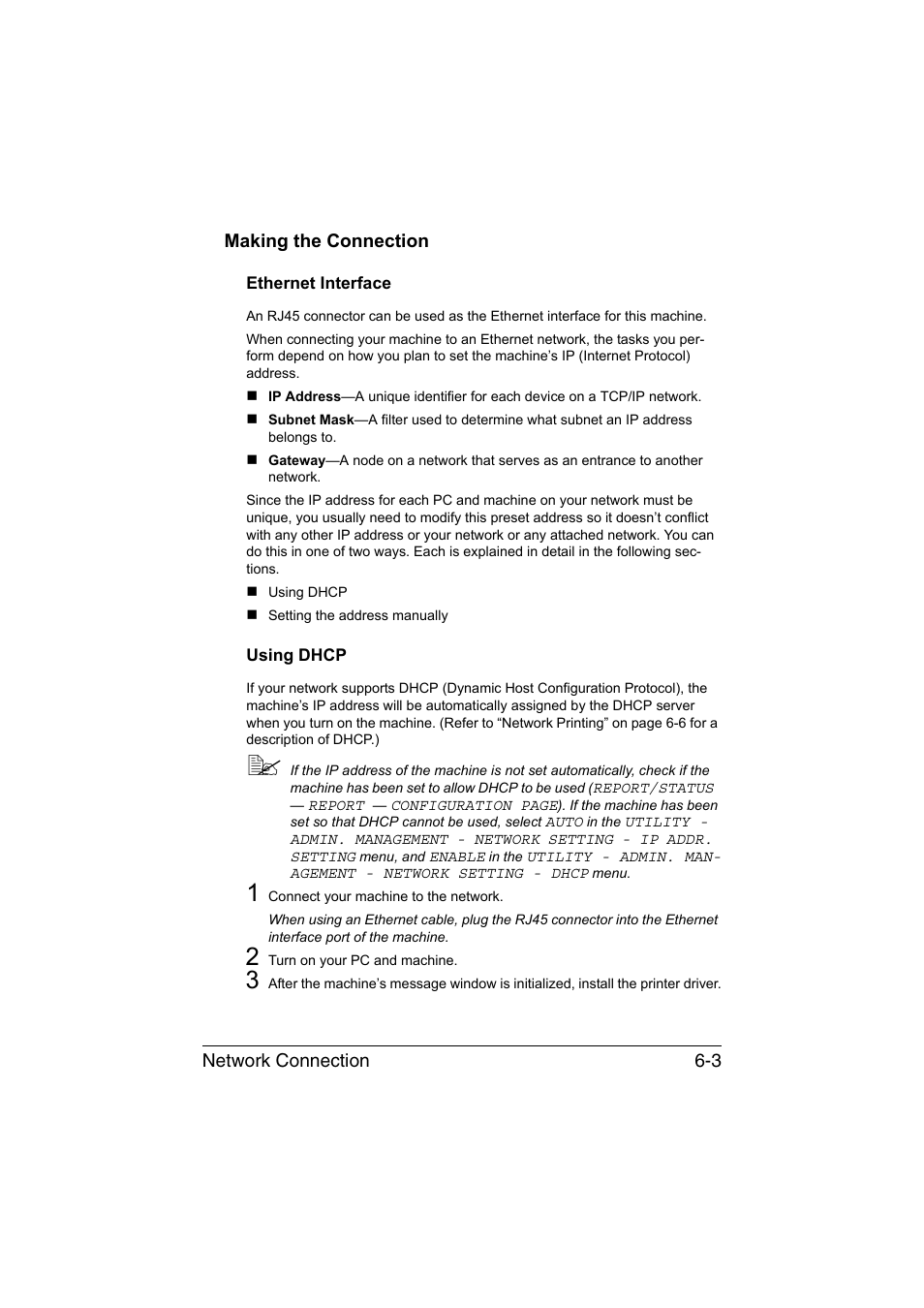 Making the connection, Ethernet interface, Using dhcp | Making the connection -3, Ethernet interface -3 using dhcp -3 | Konica Minolta magicolor 1690MF User Manual | Page 206 / 325