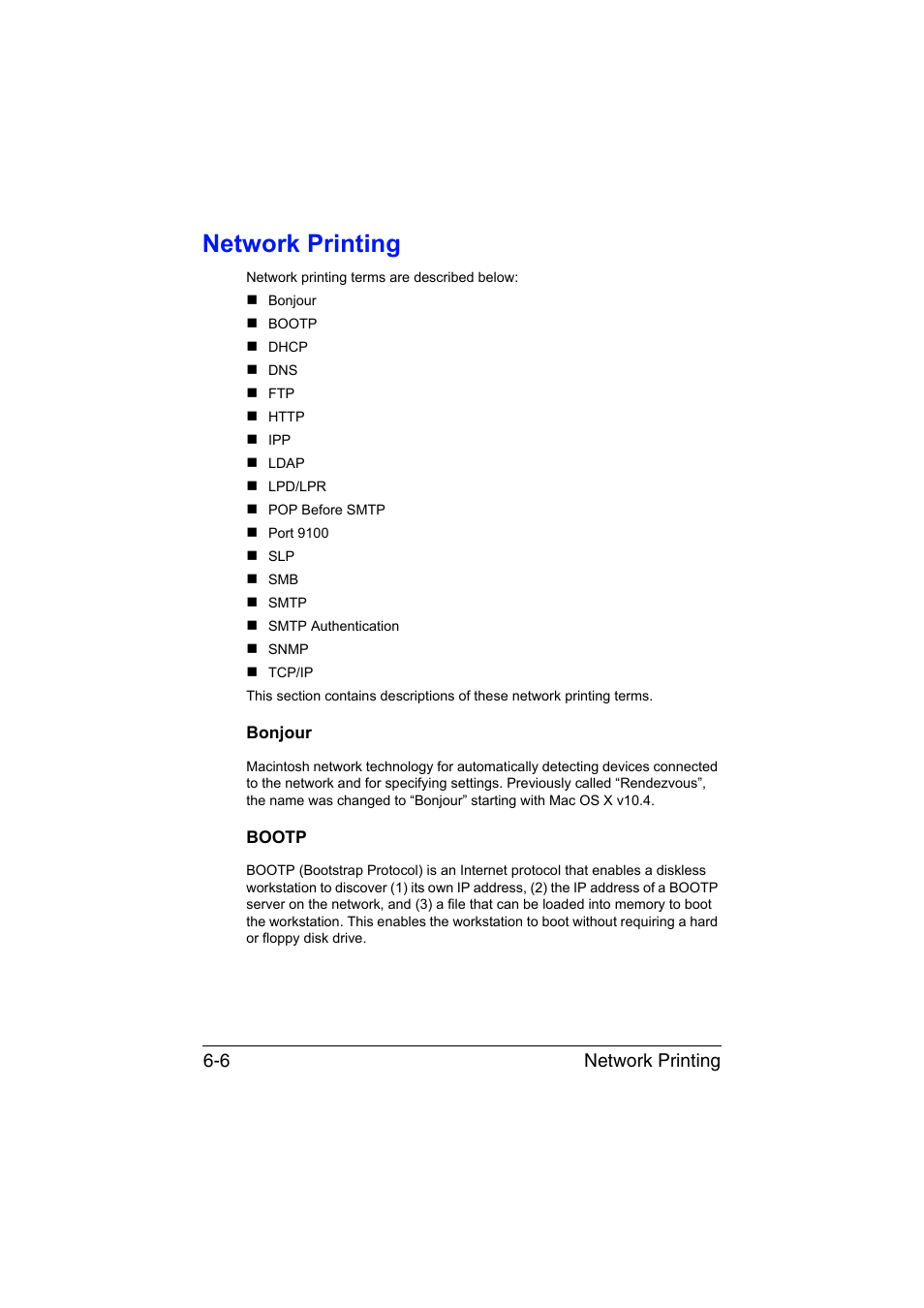 Network printing, Bonjour, Bootp | Network printing -6, Bonjour -6 bootp -6, Network printing 6-6 | Konica Minolta magicolor 1690MF User Manual | Page 209 / 325