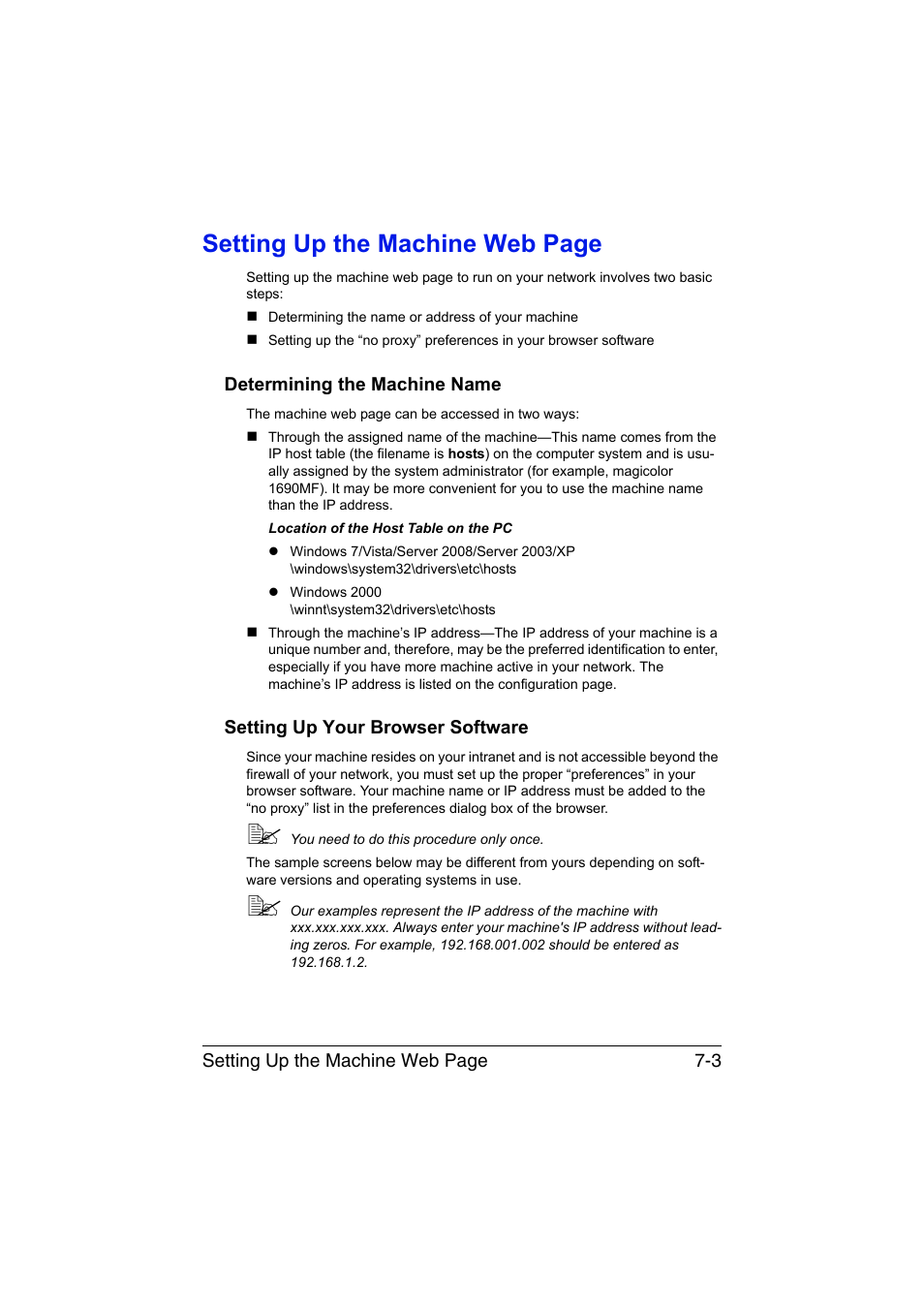 Determining the machine name, Setting up your browser software, Setting up the machine web page | Konica Minolta magicolor 1690MF User Manual | Page 224 / 325