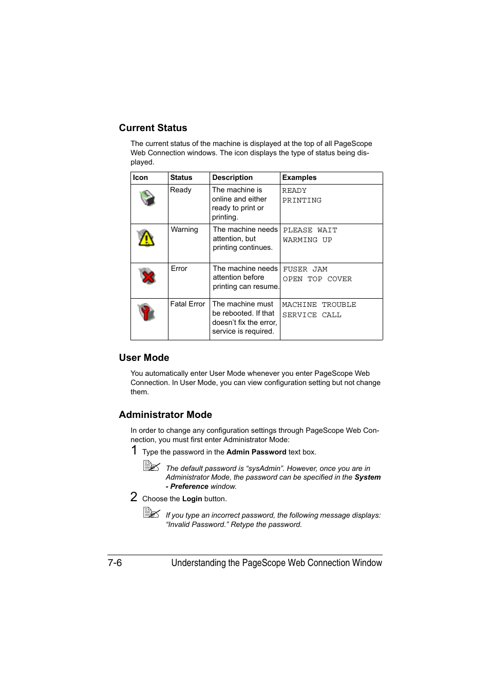 Current status, User mode, Administrator mode | Konica Minolta magicolor 1690MF User Manual | Page 227 / 325