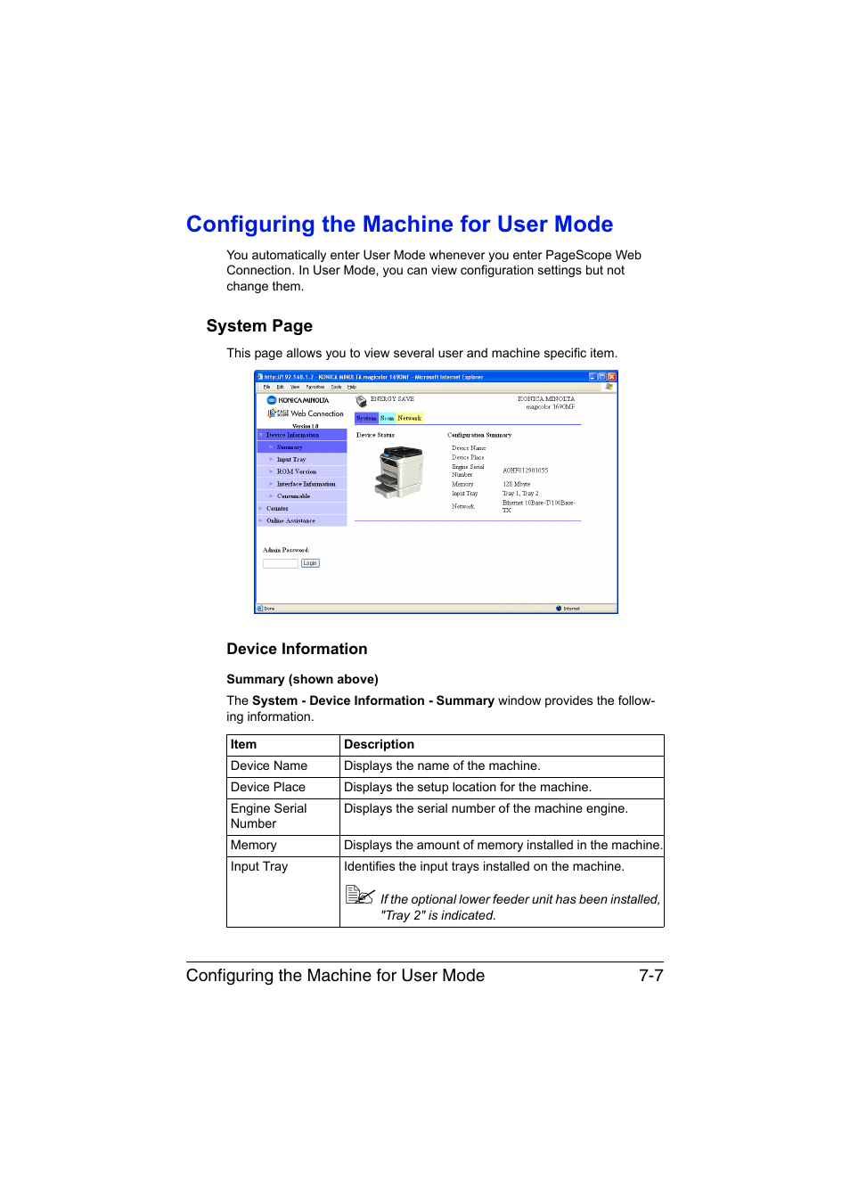 Configuring the machine for user mode, Device information, Configuring the machine for user mode -7 | Device information -7 | Konica Minolta magicolor 1690MF User Manual | Page 228 / 325