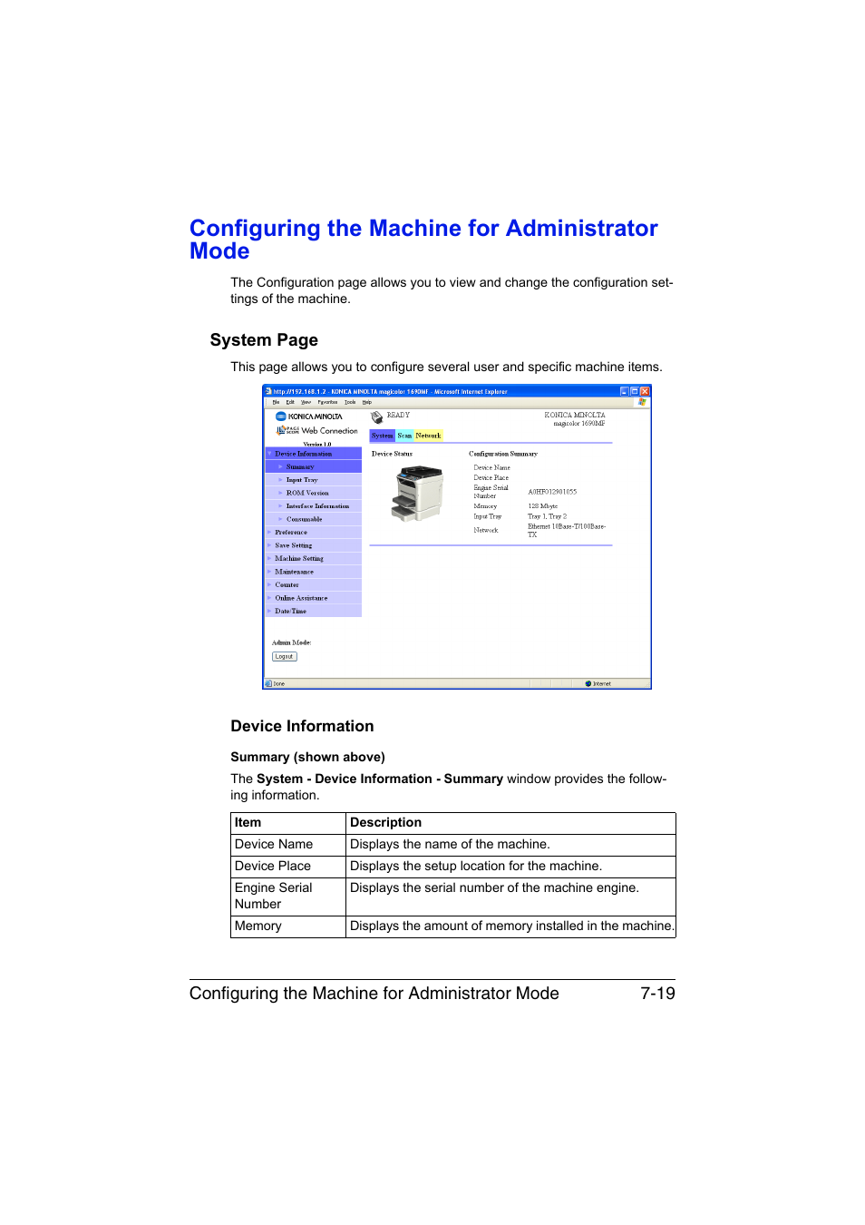 Configuring the machine for administrator mode, Device information, Configuring the machine for administrator mode -19 | Device information -19 | Konica Minolta magicolor 1690MF User Manual | Page 240 / 325