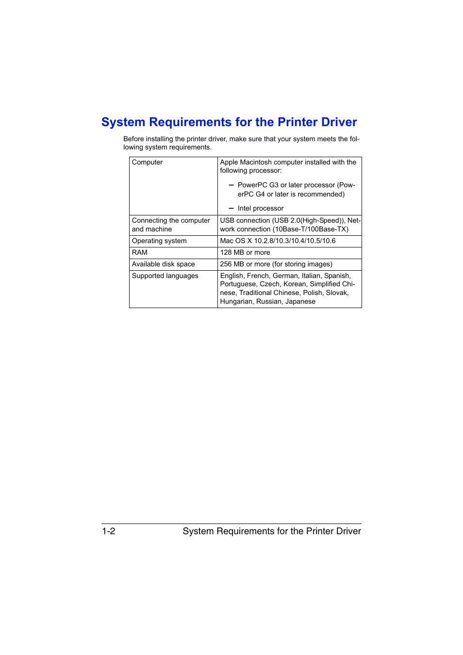 System requirements for the printer driver, System requirements for the printer driver -2, System requirements for the printer driver 1-2 | Konica Minolta magicolor 1690MF User Manual | Page 25 / 325