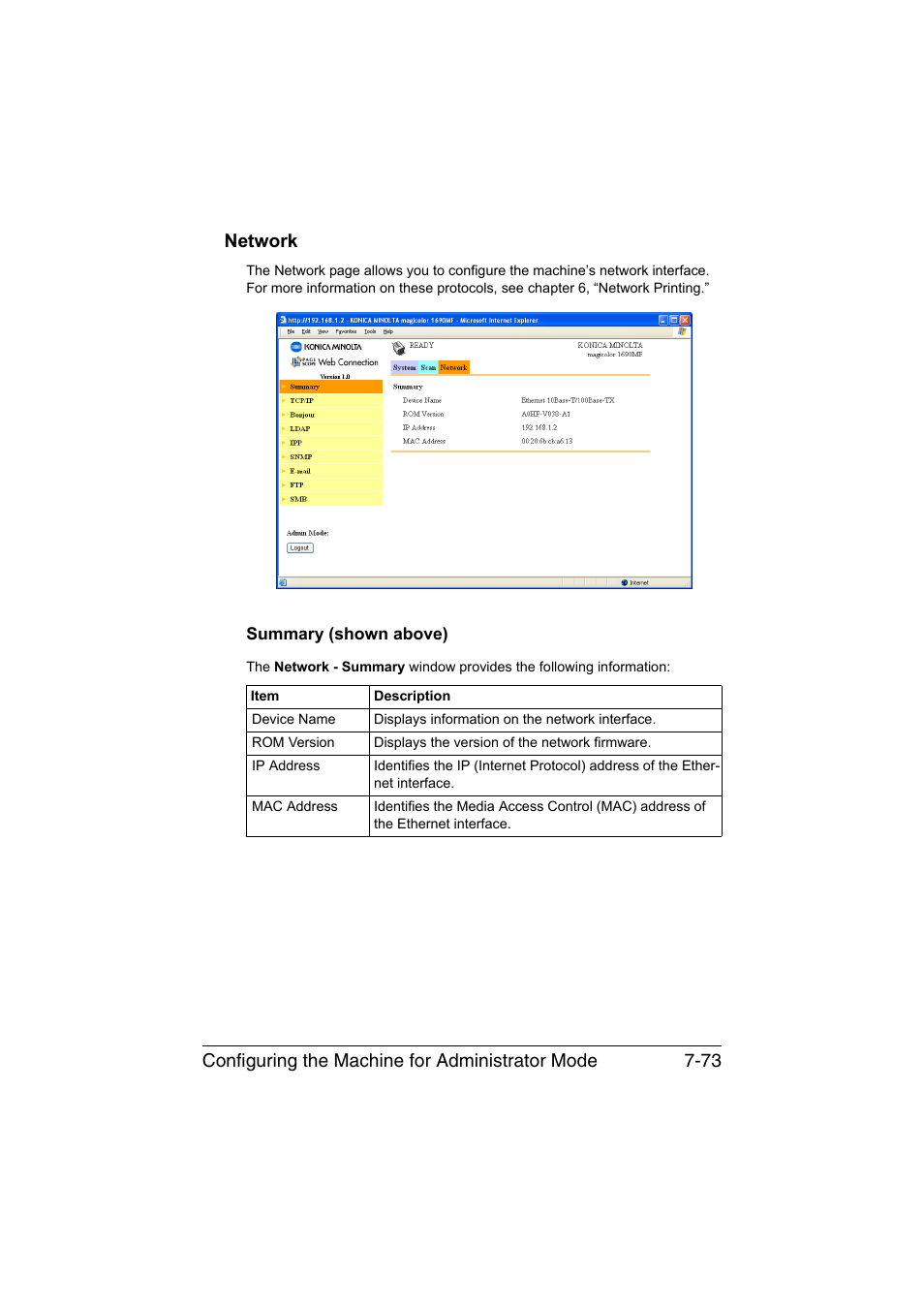 Network, Summary (shown above), Network -73 | Summary (shown above) -73 | Konica Minolta magicolor 1690MF User Manual | Page 294 / 325