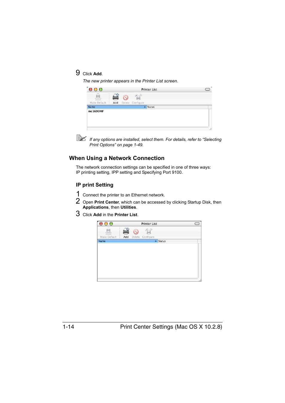 When using a network connection, Ip print setting, When using a network connection -14 | Ip print setting -14 | Konica Minolta magicolor 1690MF User Manual | Page 37 / 325