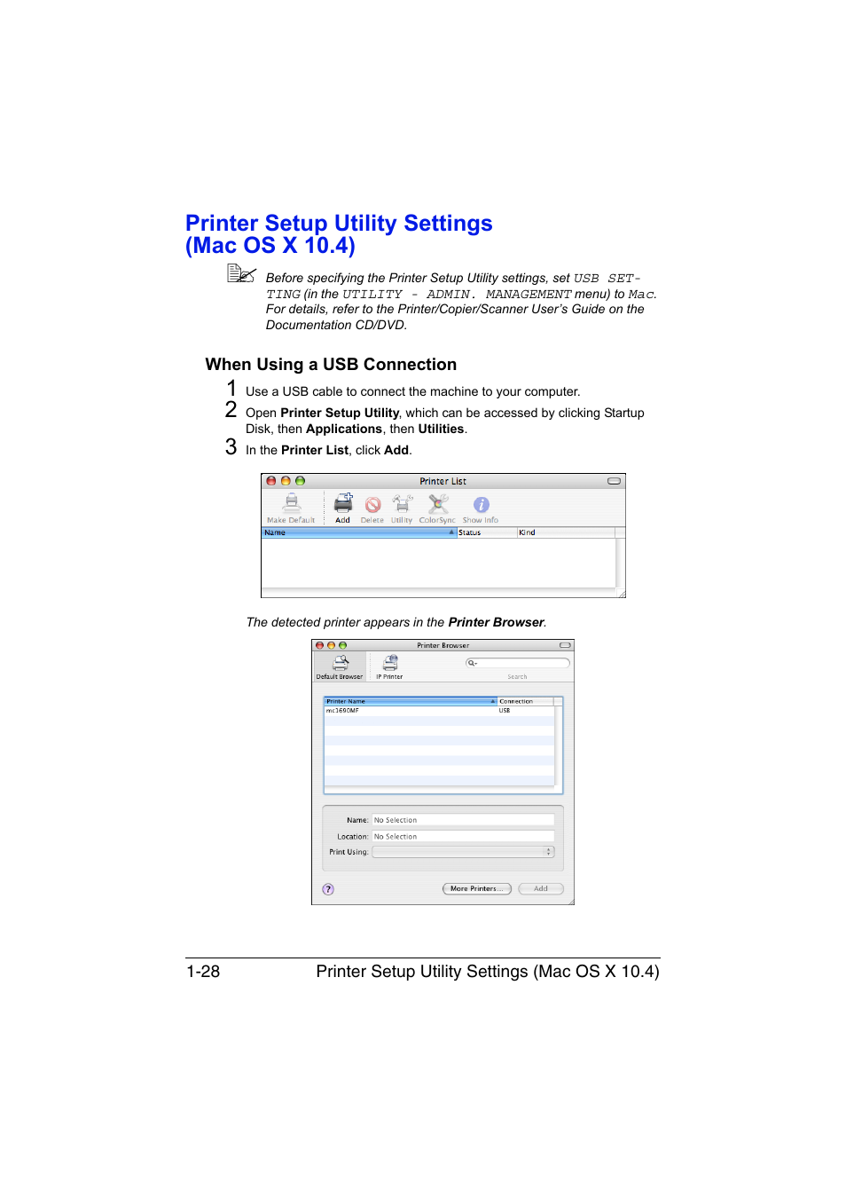 Printer setup utility settings (mac os x 10.4), When using a usb connection, Printer setup utility settings (mac os x 10.4) -28 | When using a usb connection -28 | Konica Minolta magicolor 1690MF User Manual | Page 51 / 325