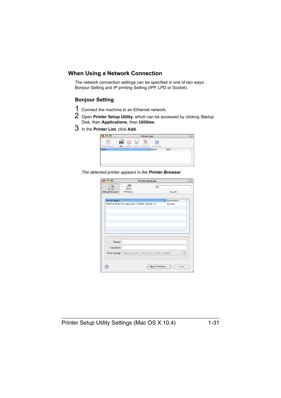 When using a network connection, Bonjour setting, When using a network connection -31 | Bonjour setting -31 | Konica Minolta magicolor 1690MF User Manual | Page 54 / 325