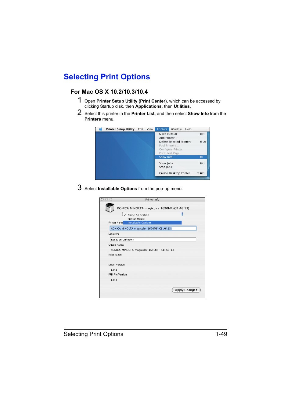 Selecting print options, For mac os x 10.2/10.3/10.4, Selecting print options -49 | For mac os x 10.2/10.3/10.4 -49 | Konica Minolta magicolor 1690MF User Manual | Page 72 / 325