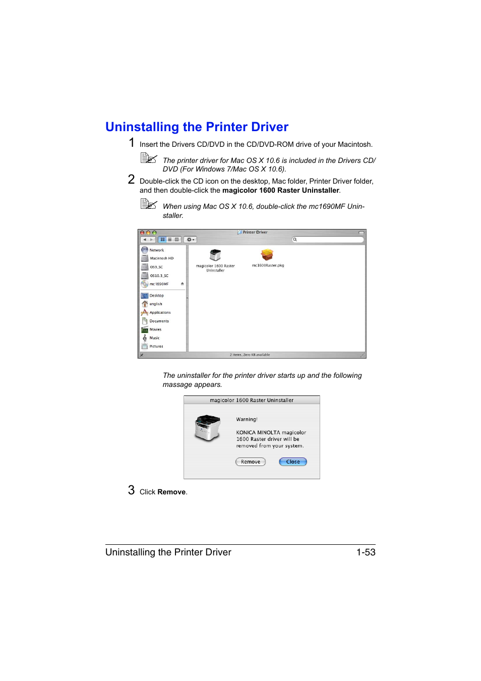 Uninstalling the printer driver, Uninstalling the printer driver -53, Uninstalling the printer driver 1 | Konica Minolta magicolor 1690MF User Manual | Page 76 / 325