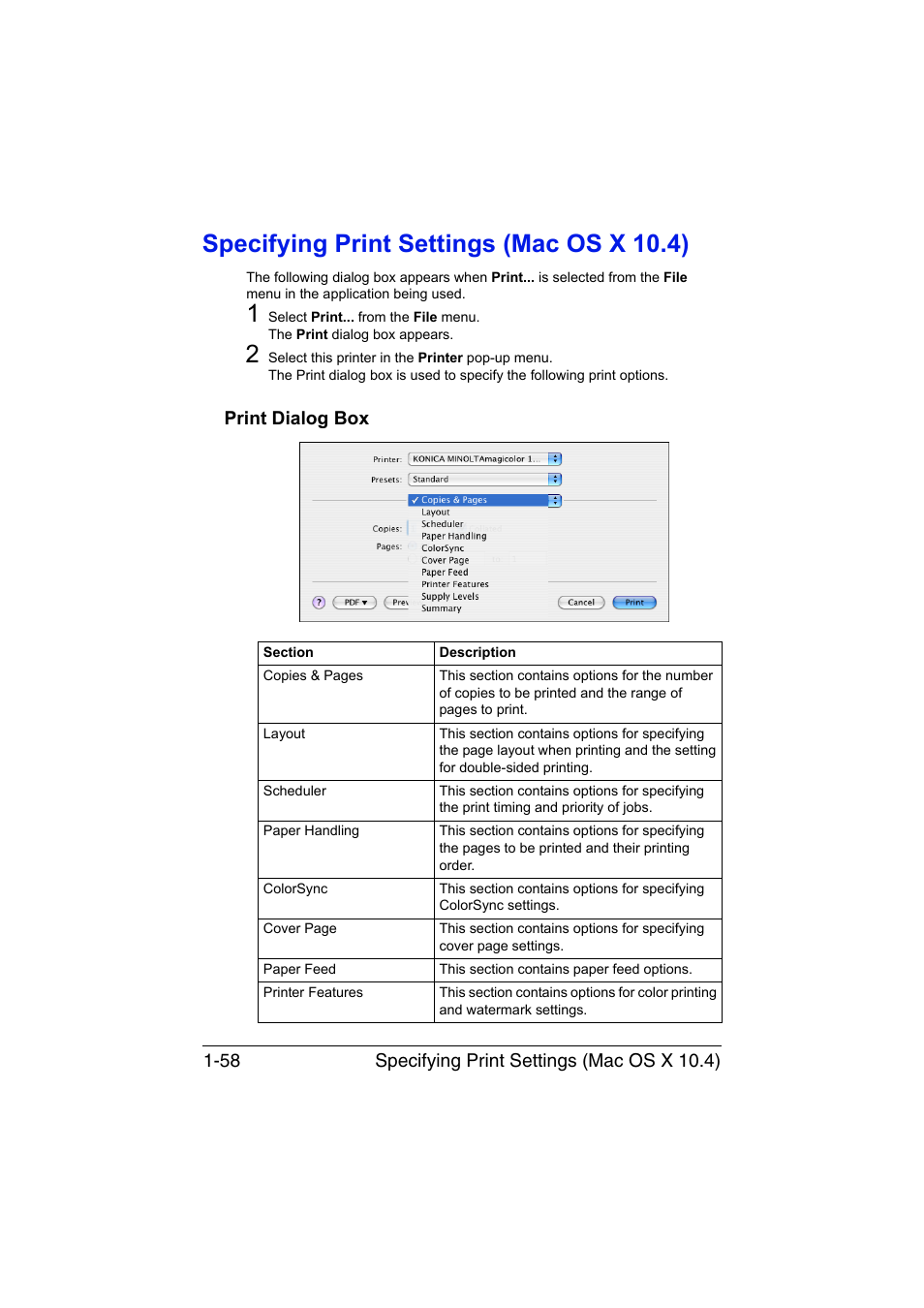 Specifying print settings (mac os x 10.4), Print dialog box, Specifying print settings (mac os x 10.4) -58 | Print dialog box -58 | Konica Minolta magicolor 1690MF User Manual | Page 81 / 325