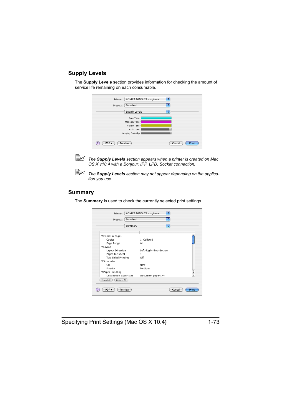 Supply levels, Summary, Supply levels -73 summary -73 | Konica Minolta magicolor 1690MF User Manual | Page 96 / 325