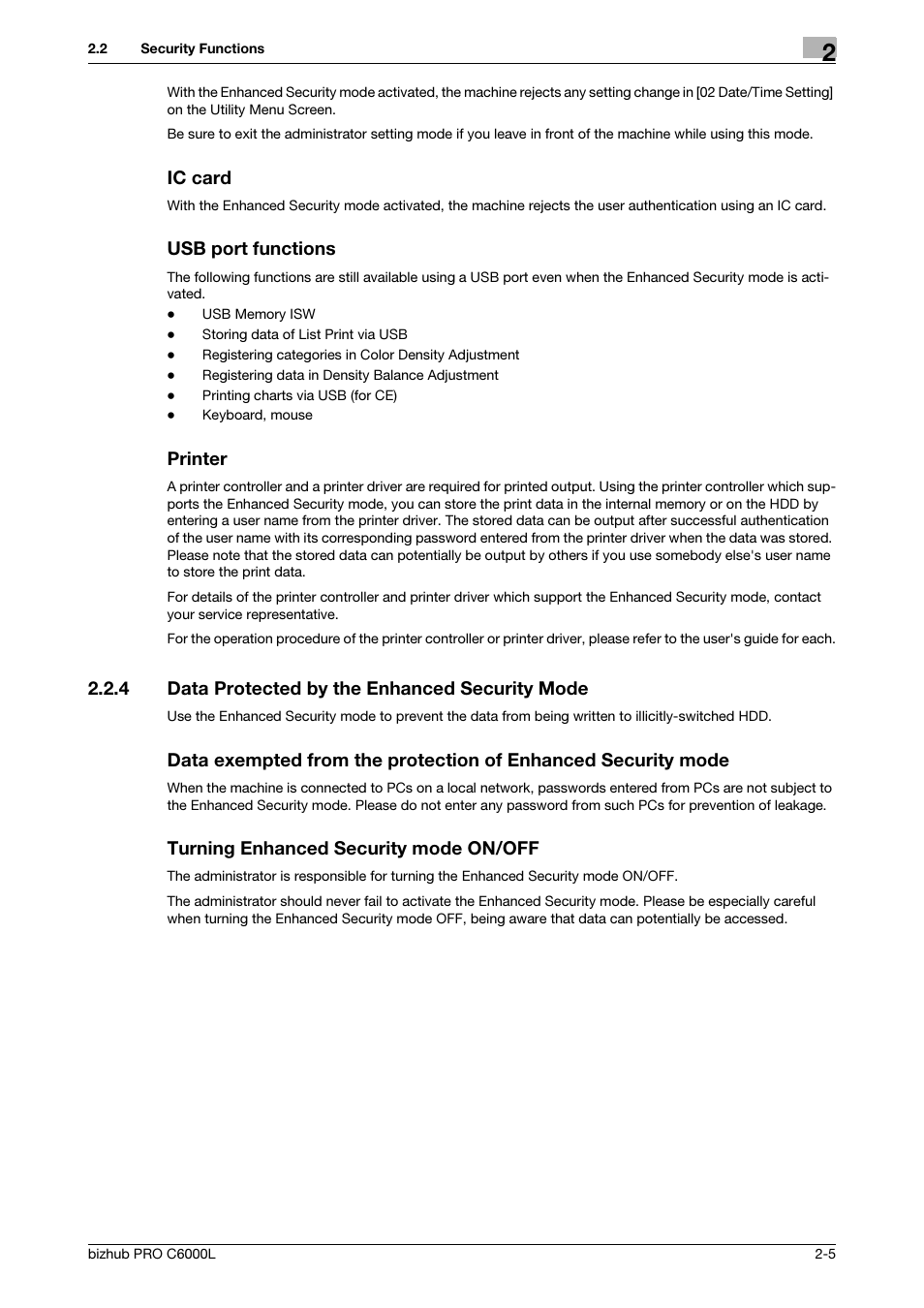 Ic card, Usb port functions, Printer | 4 data protected by the enhanced security mode, Turning enhanced security mode on/off, Data protected by the enhanced security mode -5 | Konica Minolta bizhub PRO C6000L User Manual | Page 12 / 44