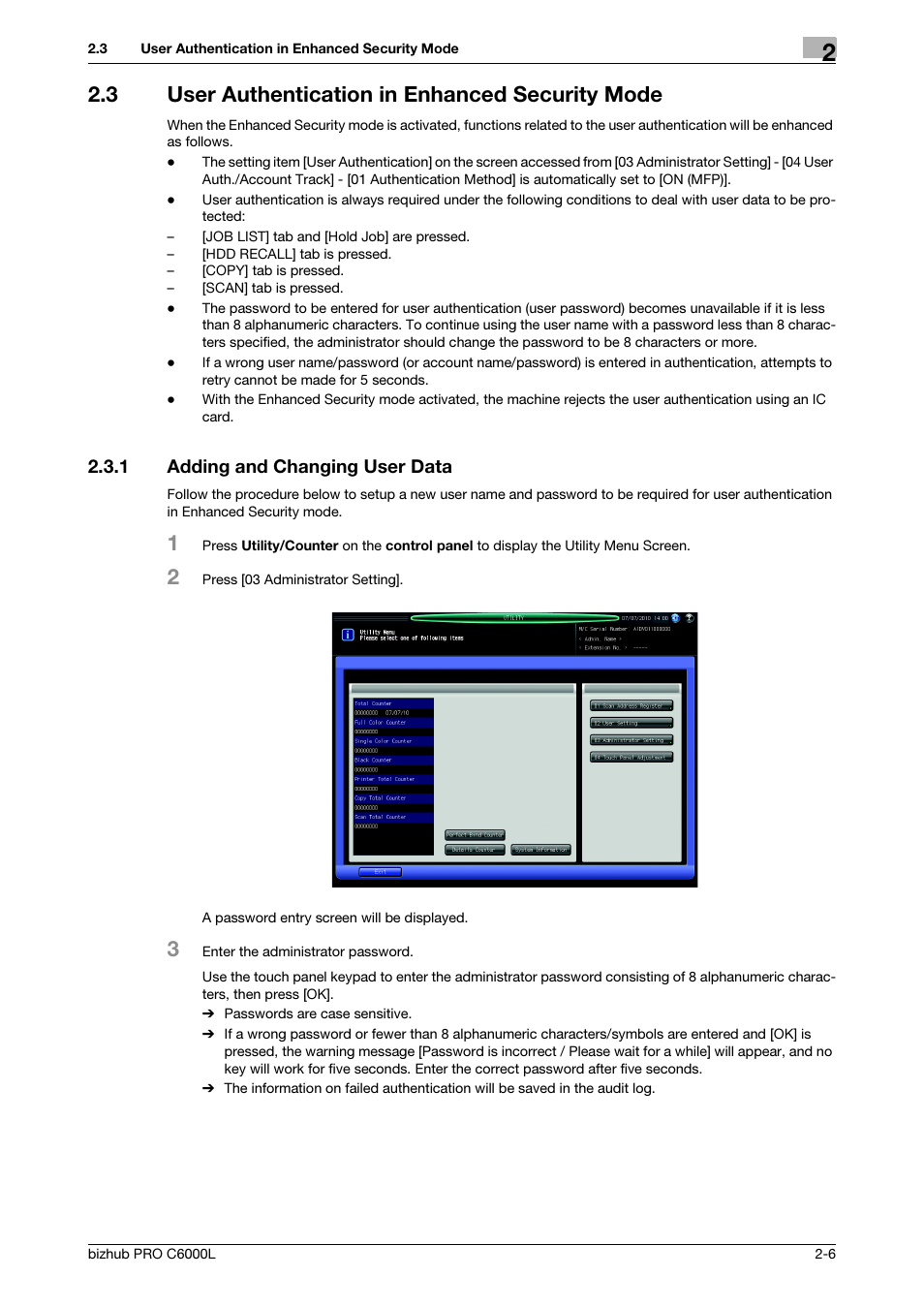 3 user authentication in enhanced security mode, 1 adding and changing user data, User authentication in enhanced security mode -6 | Adding and changing user data -6 | Konica Minolta bizhub PRO C6000L User Manual | Page 13 / 44