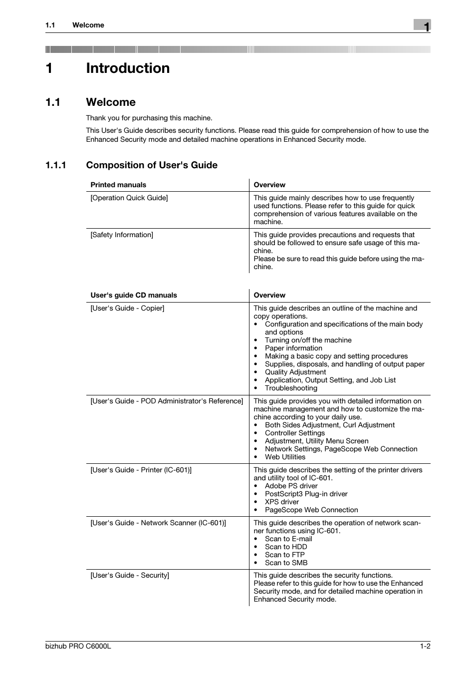 1 introduction, 1 welcome, 1 composition of user's guide | Introduction, Welcome -2, Composition of user's guide -2, 1introduction | Konica Minolta bizhub PRO C6000L User Manual | Page 4 / 44