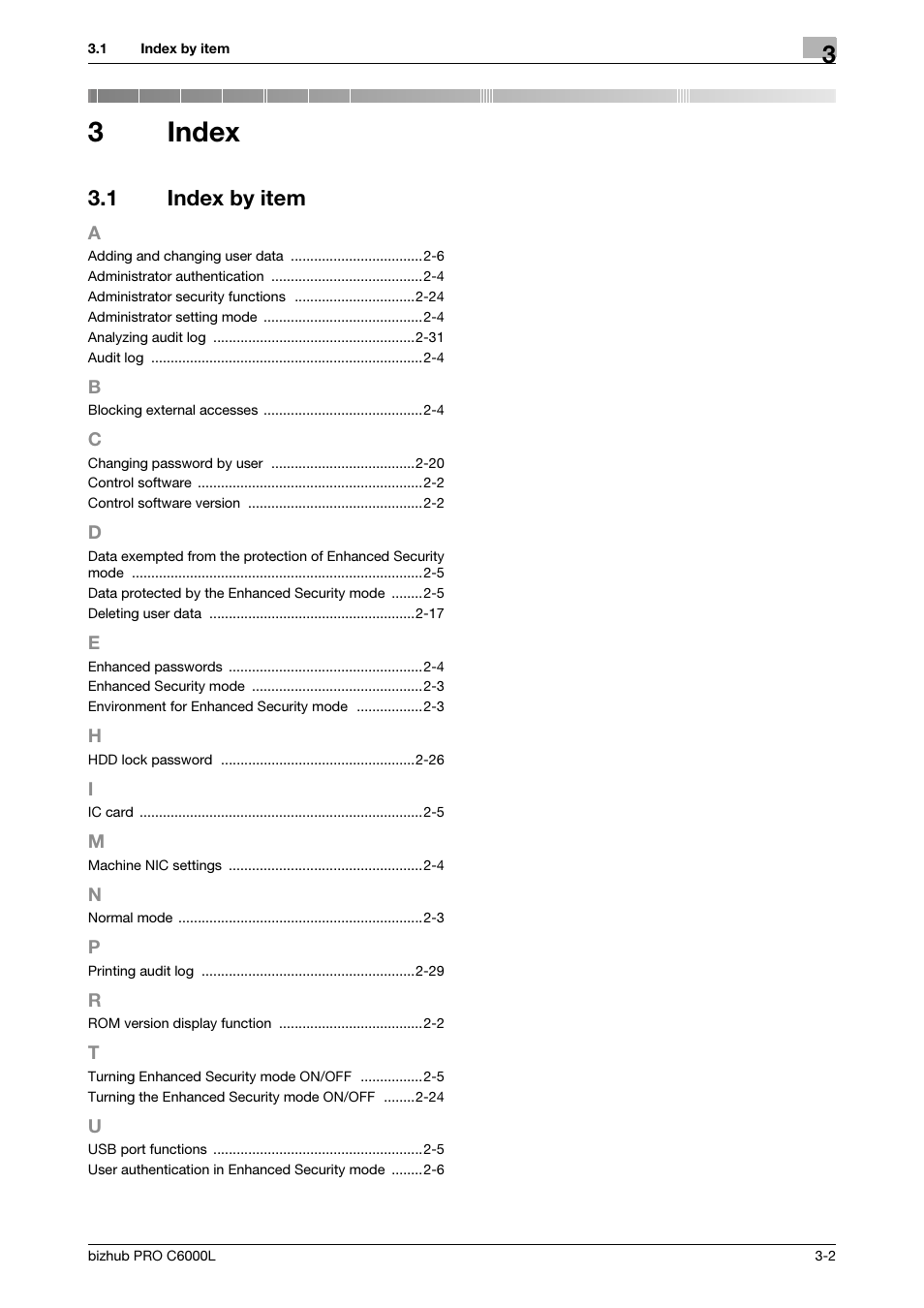 3 index, 1 index by item, Index | Index by item -2, 3index | Konica Minolta bizhub PRO C6000L User Manual | Page 42 / 44