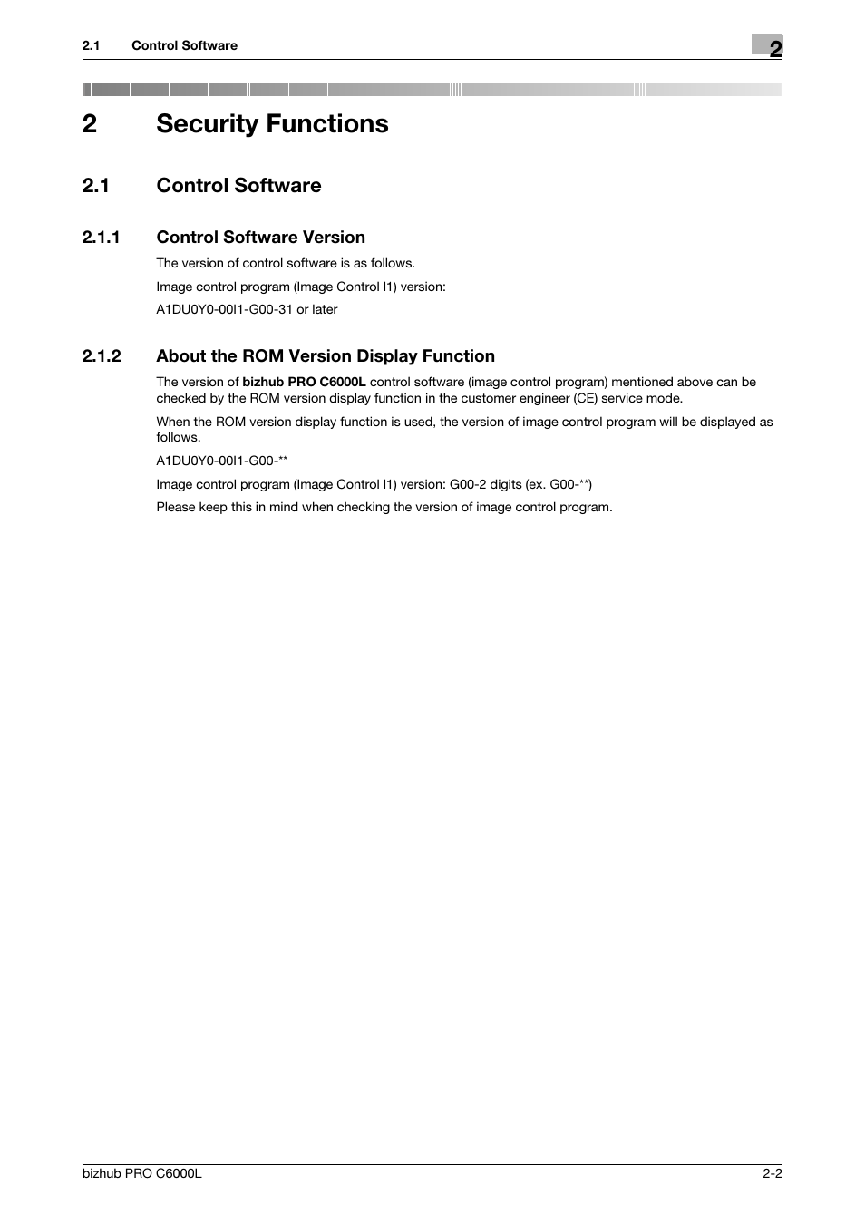2 security functions, 1 control software, 1 control software version | 2 about the rom version display function, Security functions, Control software -2, Control software version -2, About the rom version display function -2, 2security functions | Konica Minolta bizhub PRO C6000L User Manual | Page 9 / 44