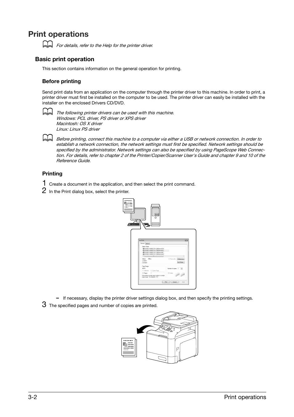 Print operations, Basic print operation, Before printing | Printing, Print operations -2, Basic print operation -2, Before printing -2 printing -2 | Konica Minolta bizhub C25 User Manual | Page 15 / 38